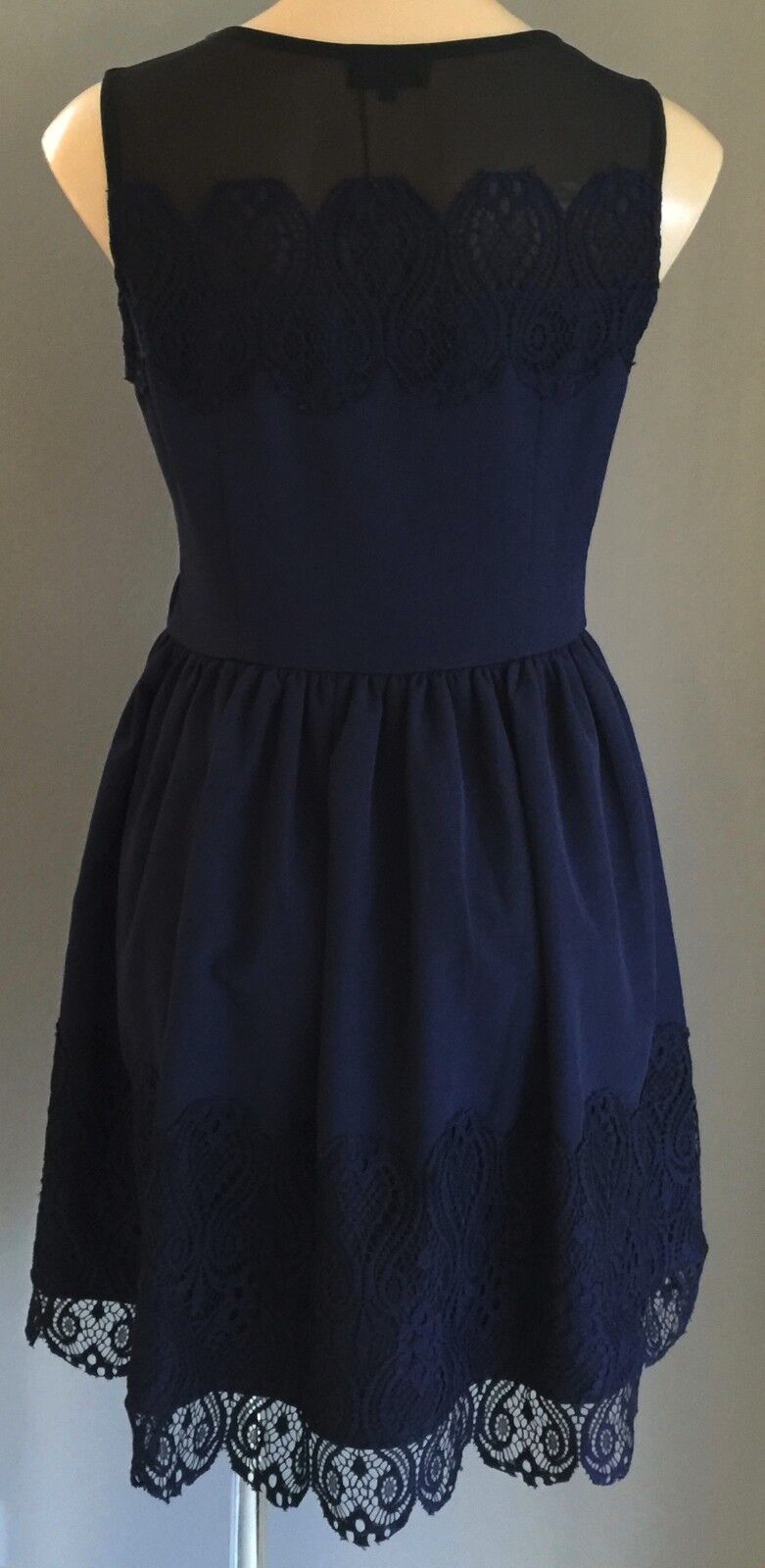 EZRA PREMIUM Dress Fit & Flare Navy Blue Sheer Yoke Lace  Size M 10 12 NEW