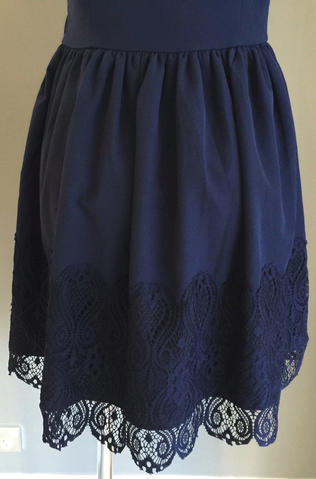 EZRA PREMIUM Dress Fit & Flare Navy Blue Sheer Yoke Lace  Size M 10 12 NEW