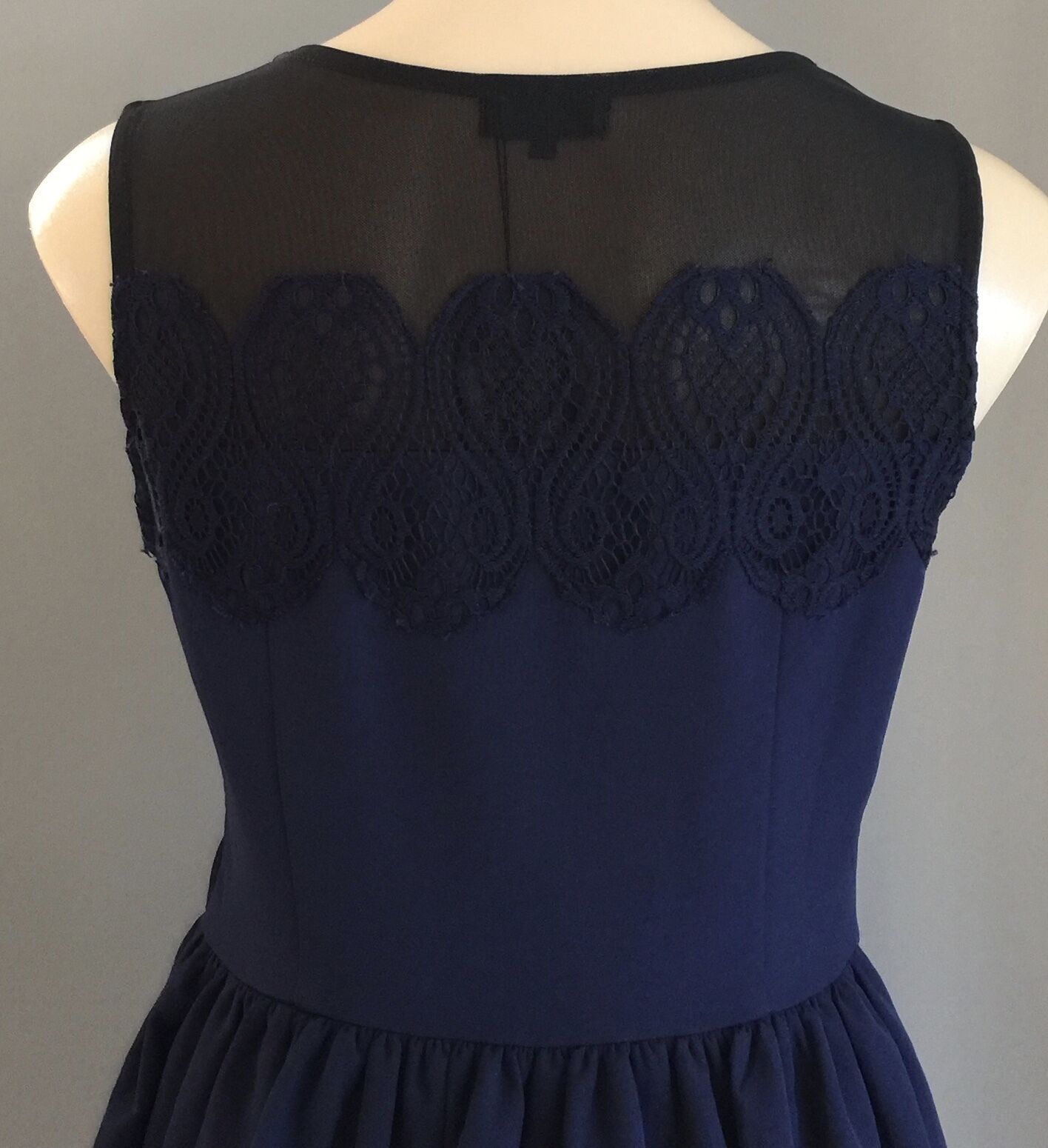 EZRA PREMIUM Dress Fit & Flare Navy Blue Sheer Yoke Lace  Size M 10 12 NEW