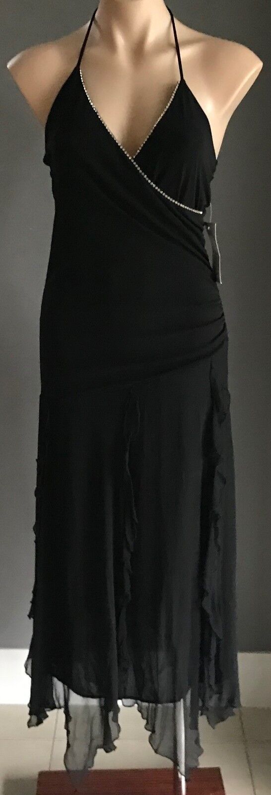 TRENDY ELEMENTS Dress Handkerchief Hem Black & Diamanté Bias Cut Sz M 10 12 NEW