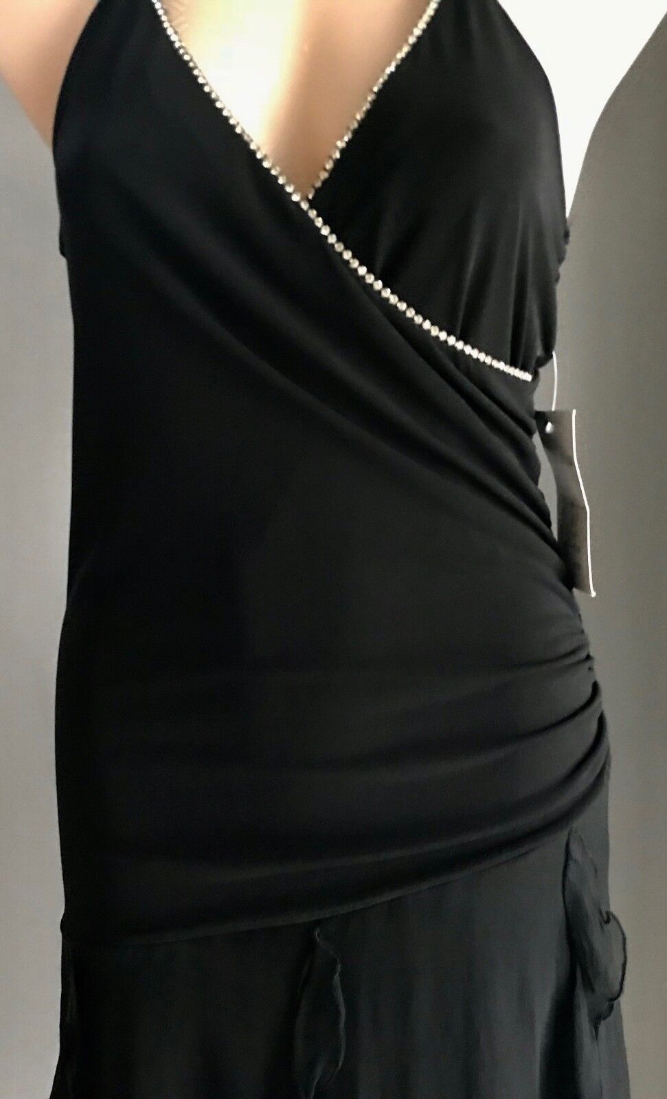 TRENDY ELEMENTS Dress Handkerchief Hem Black & Diamanté Bias Cut Sz M 10 12 NEW