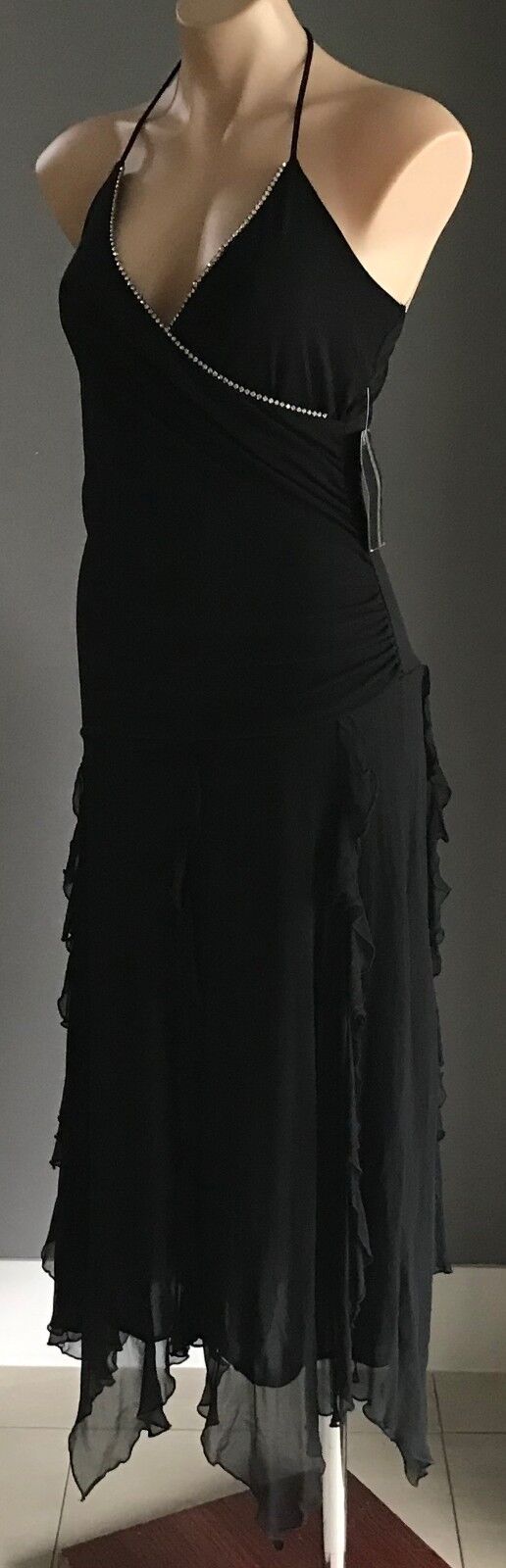 TRENDY ELEMENTS Dress Handkerchief Hem Black & Diamanté Bias Cut Sz M 10 12 NEW