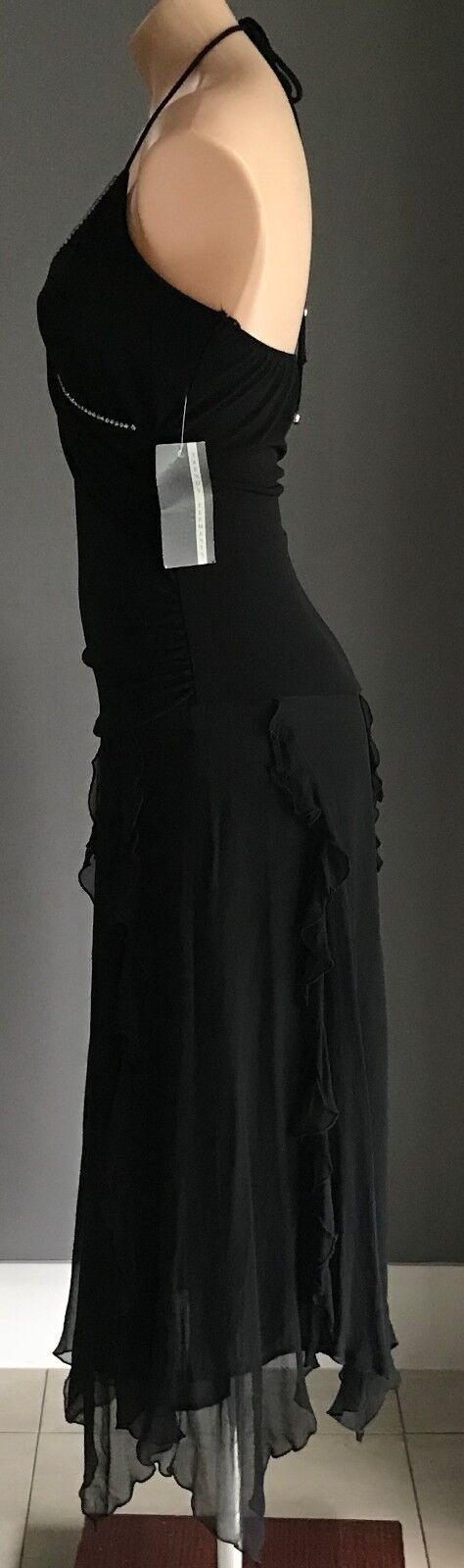 TRENDY ELEMENTS Dress Handkerchief Hem Black & Diamanté Bias Cut Sz M 10 12 NEW