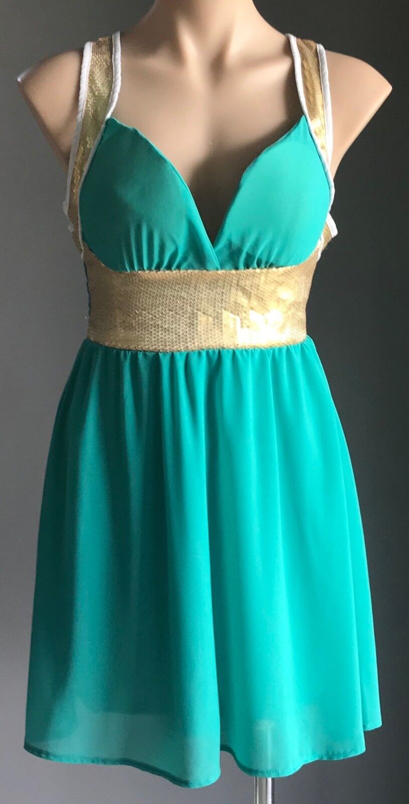 Turquoise DRESS FIT & FLARE DRESSY Sea Foam Green & Gold Sequin Trim Size M 10