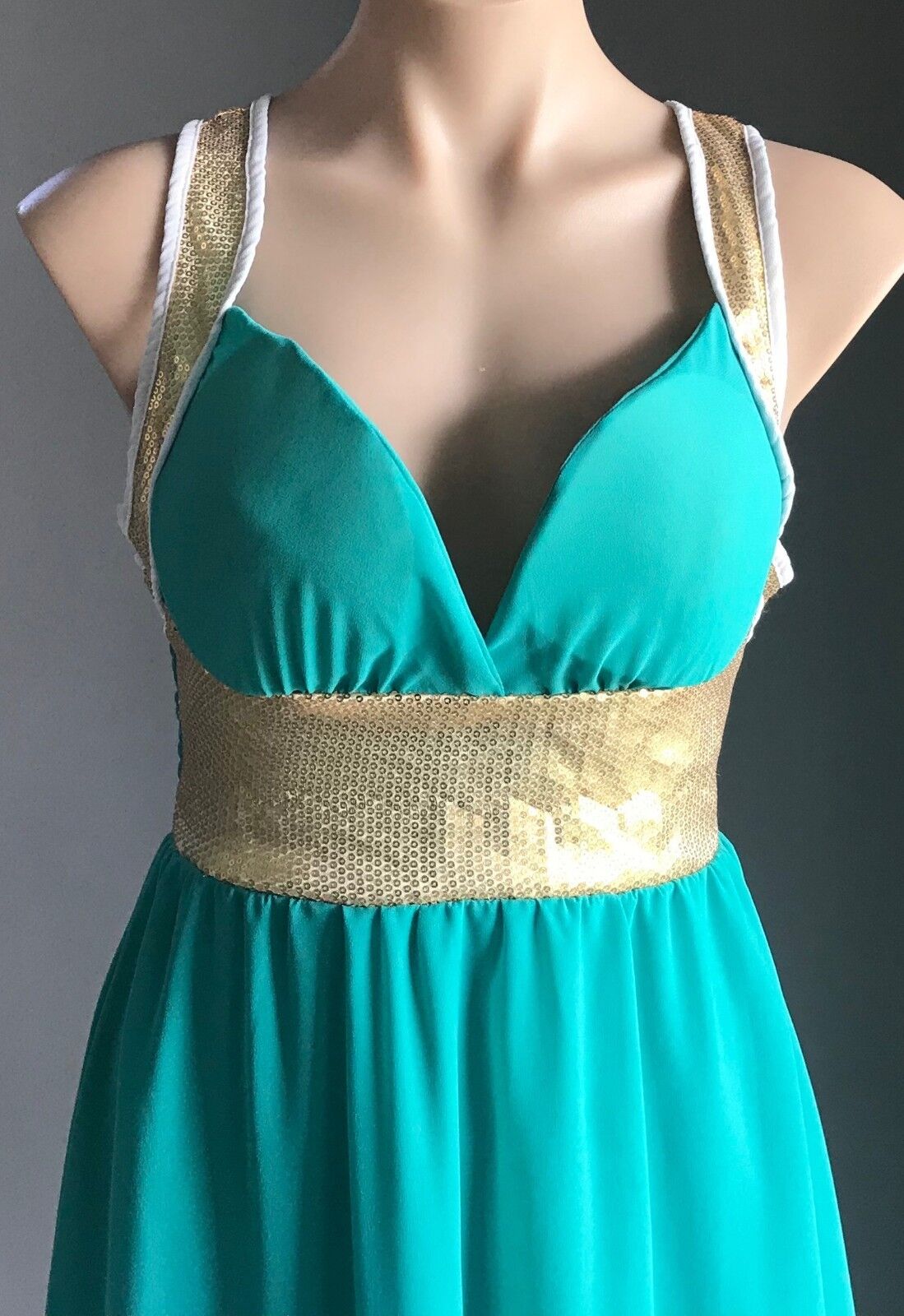 Turquoise DRESS FIT & FLARE DRESSY Sea Foam Green & Gold Sequin Trim Size M 10
