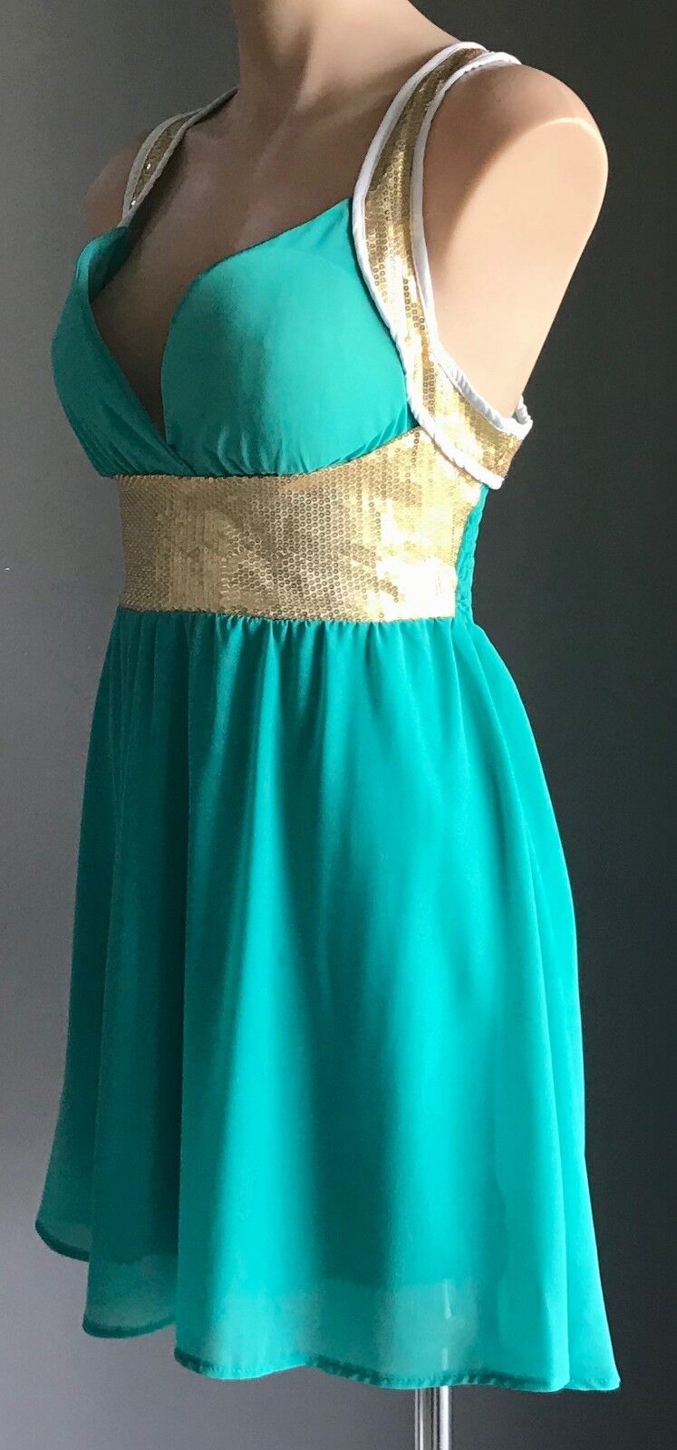 Turquoise DRESS FIT & FLARE DRESSY Sea Foam Green & Gold Sequin Trim Size M 10