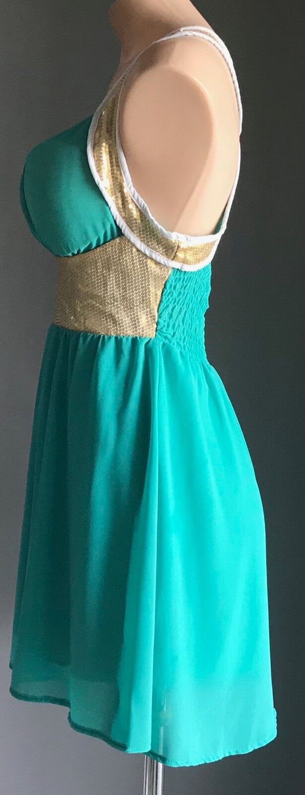 Turquoise DRESS FIT & FLARE DRESSY Sea Foam Green & Gold Sequin Trim Size M 10