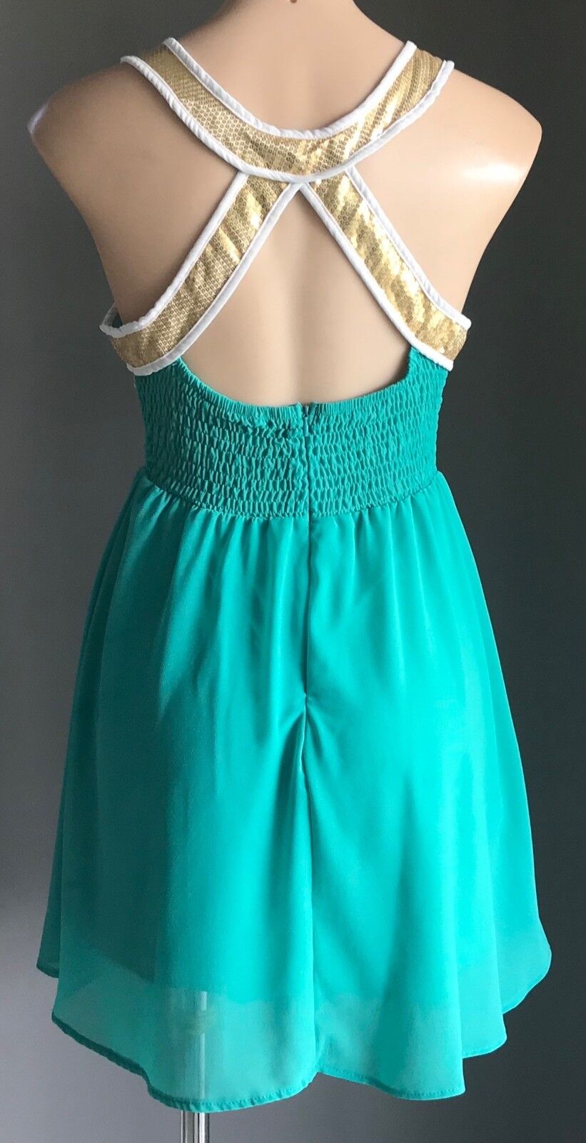 Turquoise DRESS FIT & FLARE DRESSY Sea Foam Green & Gold Sequin Trim Size M 10
