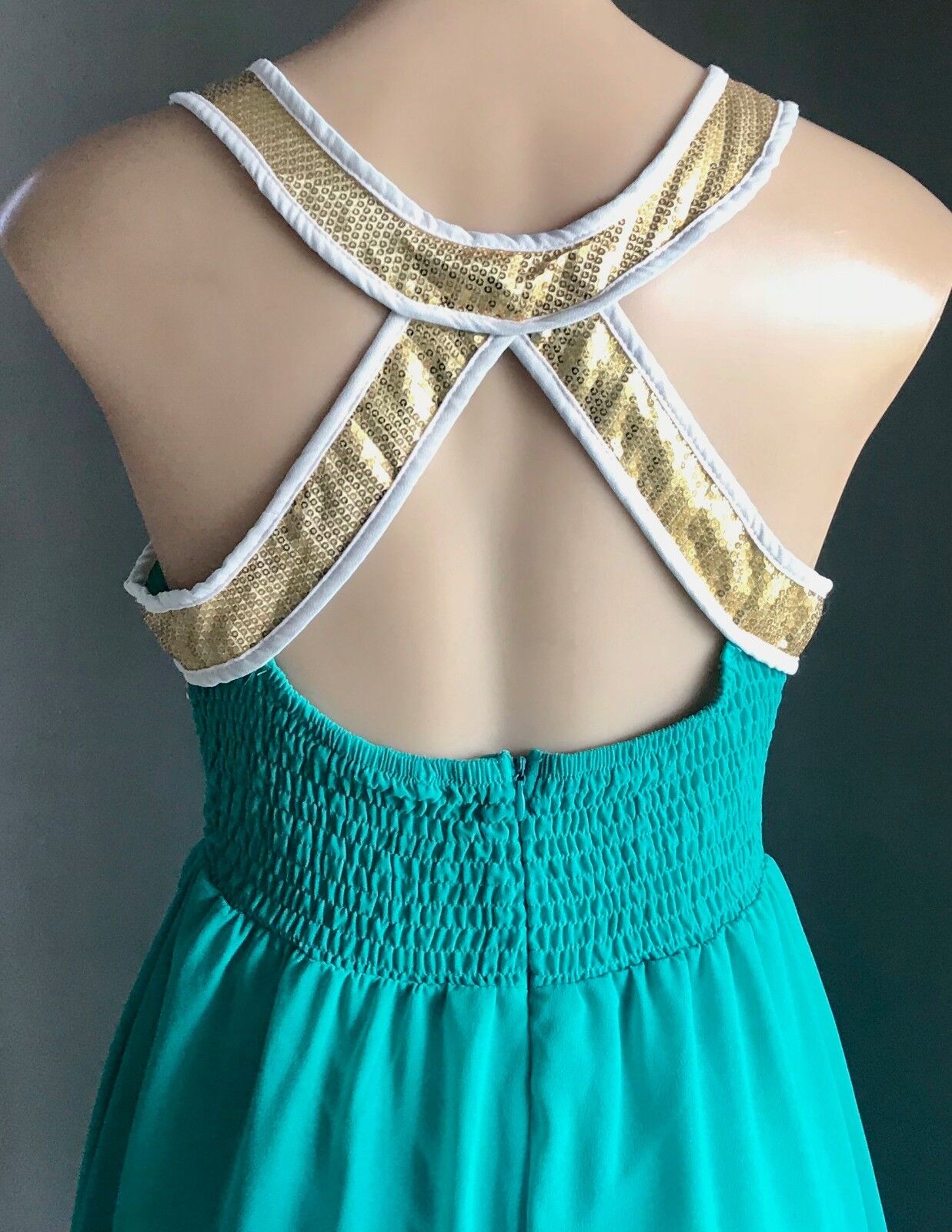 Turquoise DRESS FIT & FLARE DRESSY Sea Foam Green & Gold Sequin Trim Size M 10