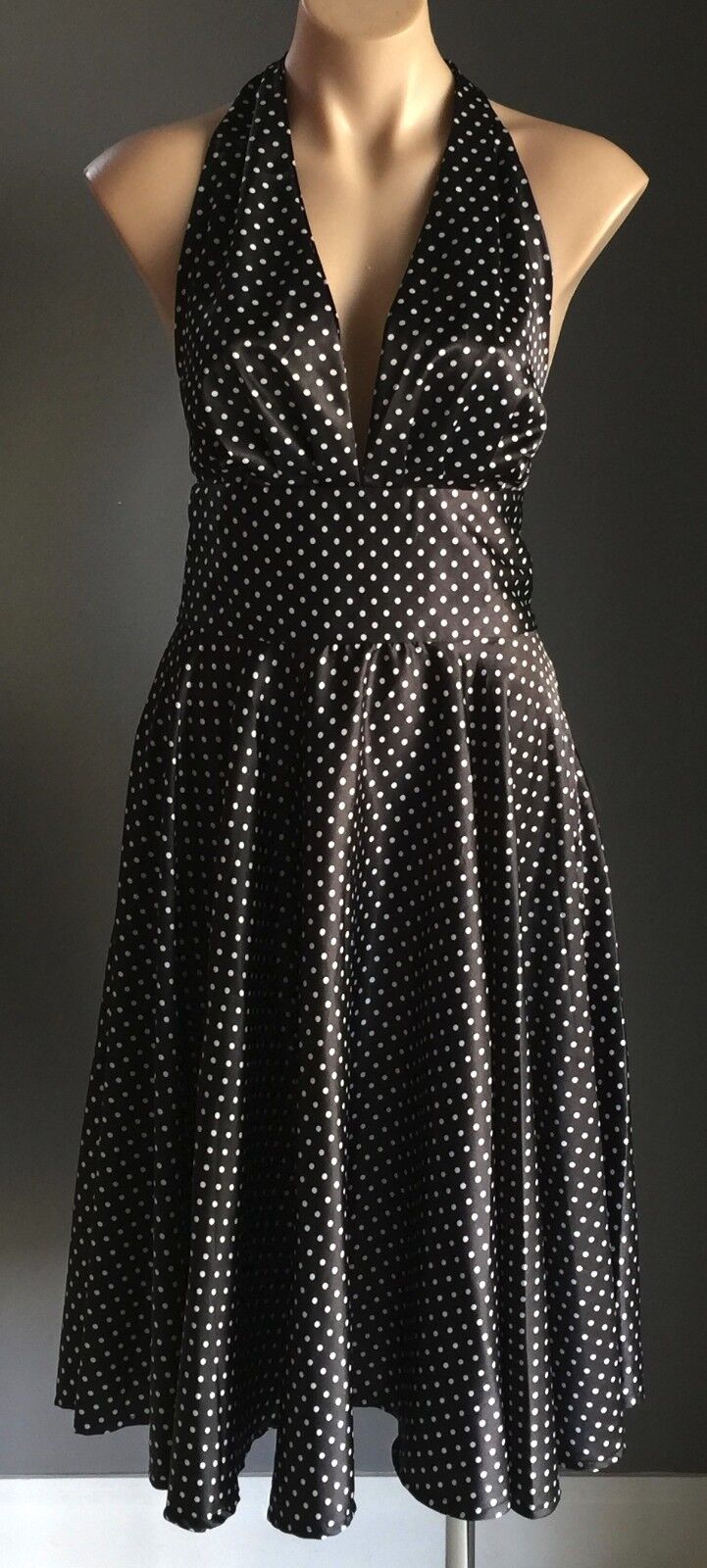 TIKI Dress Black & White Polka Dot Halter Satin Look Size M 10 Pin Up Vintage