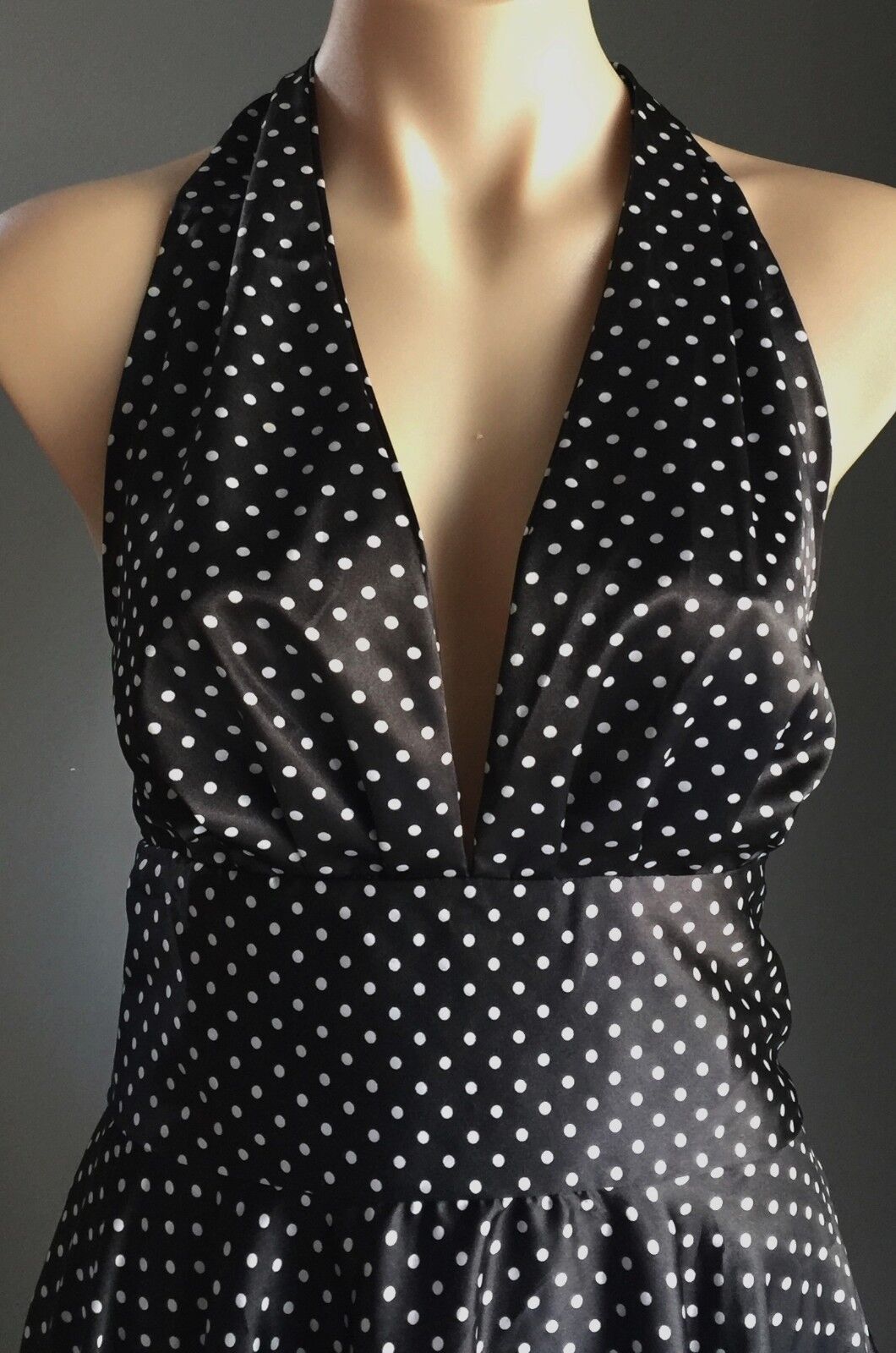 TIKI Dress Black & White Polka Dot Halter Satin Look Size M 10 Pin Up Vintage