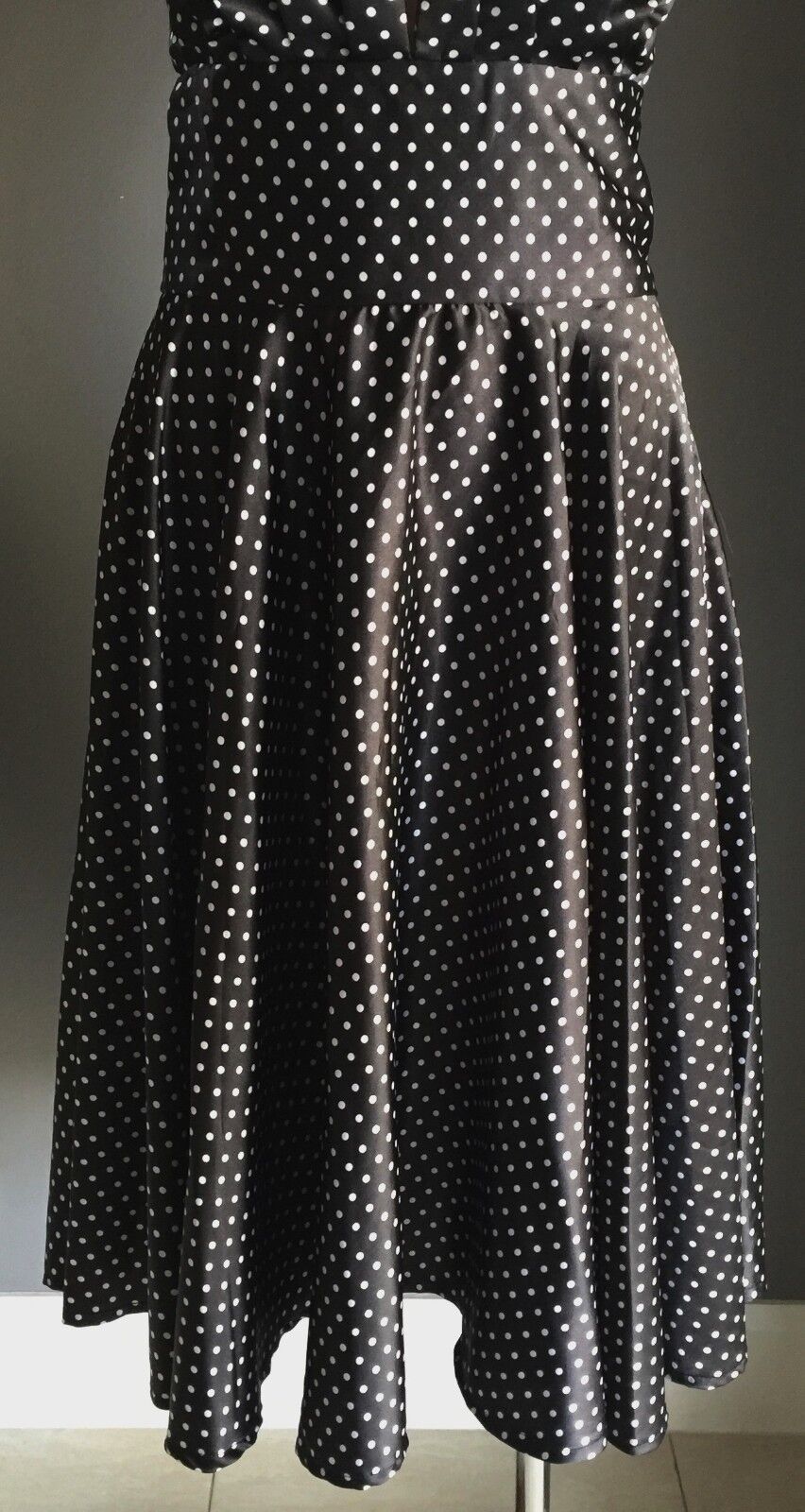 TIKI Dress Black & White Polka Dot Halter Satin Look Size M 10 Pin Up Vintage