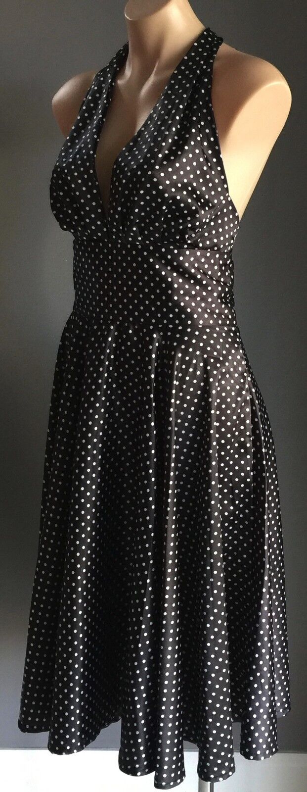 TIKI Dress Black & White Polka Dot Halter Satin Look Size M 10 Pin Up Vintage