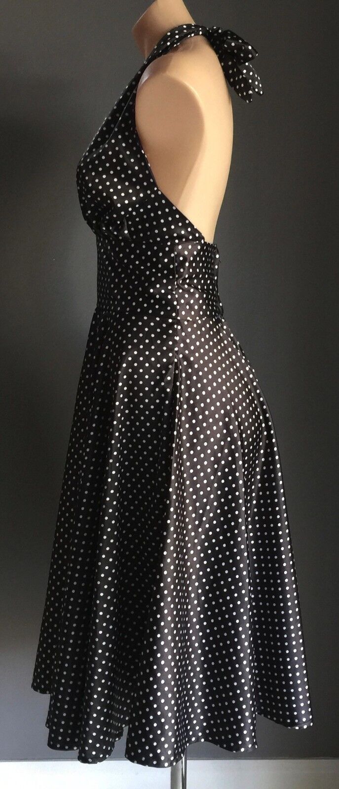 TIKI Dress Black & White Polka Dot Halter Satin Look Size M 10 Pin Up Vintage