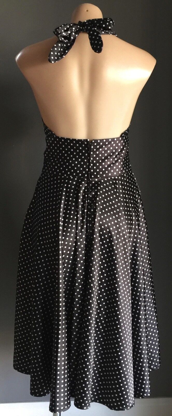 TIKI Dress Black & White Polka Dot Halter Satin Look Size M 10 Pin Up Vintage