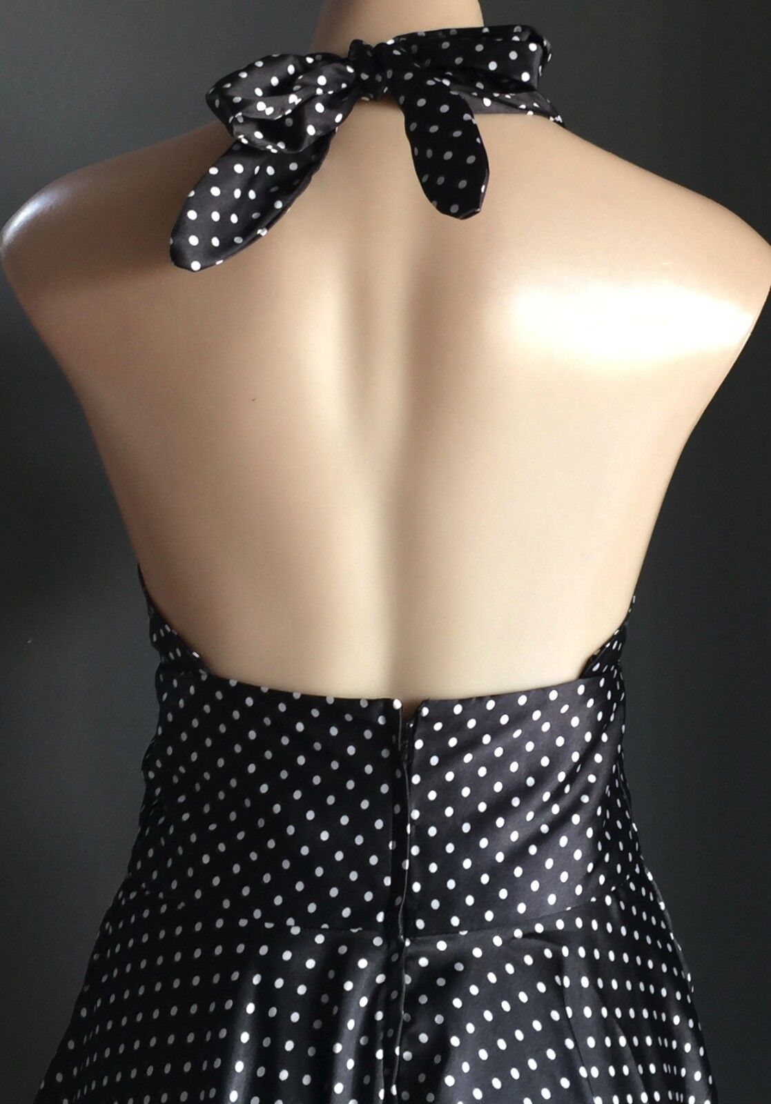 TIKI Dress Black & White Polka Dot Halter Satin Look Size M 10 Pin Up Vintage