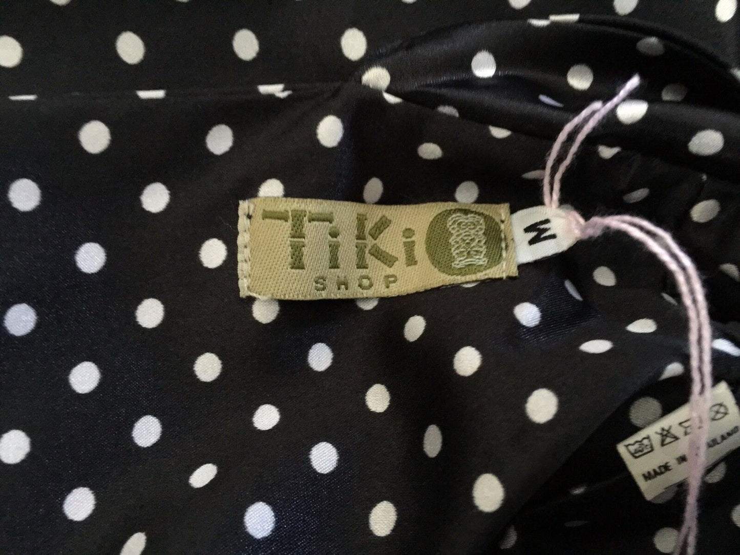 TIKI Dress Black & White Polka Dot Halter Satin Look Size M 10 Pin Up Vintage
