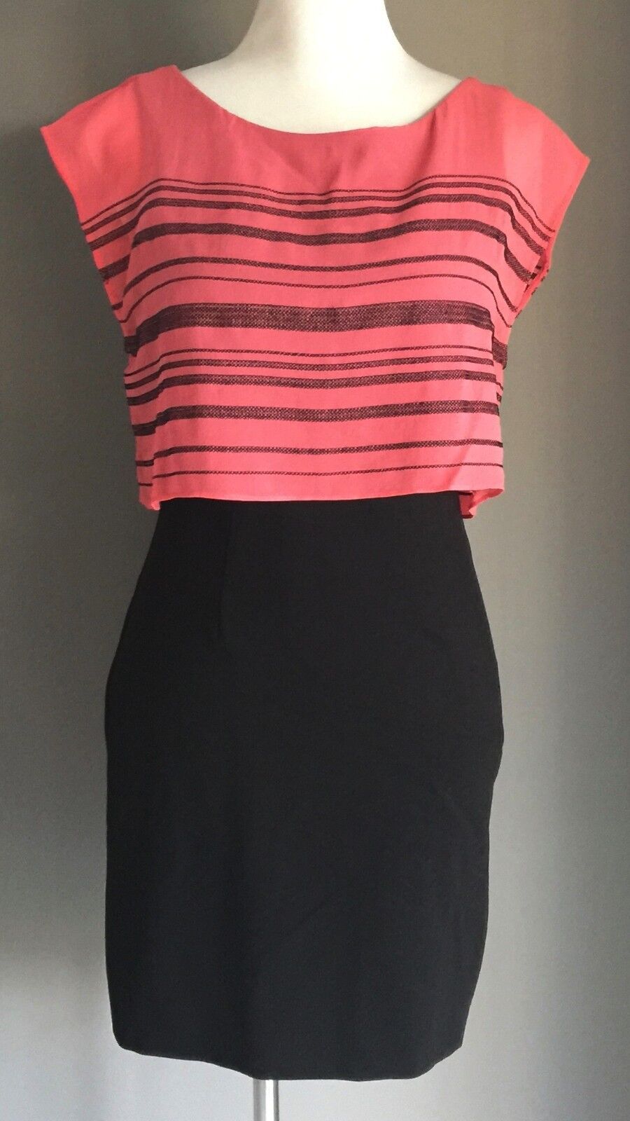 BEBE DESIGN Black & Coral Stripe Overlay Top Pencil Dress Cap Sleeve M 10 Retro