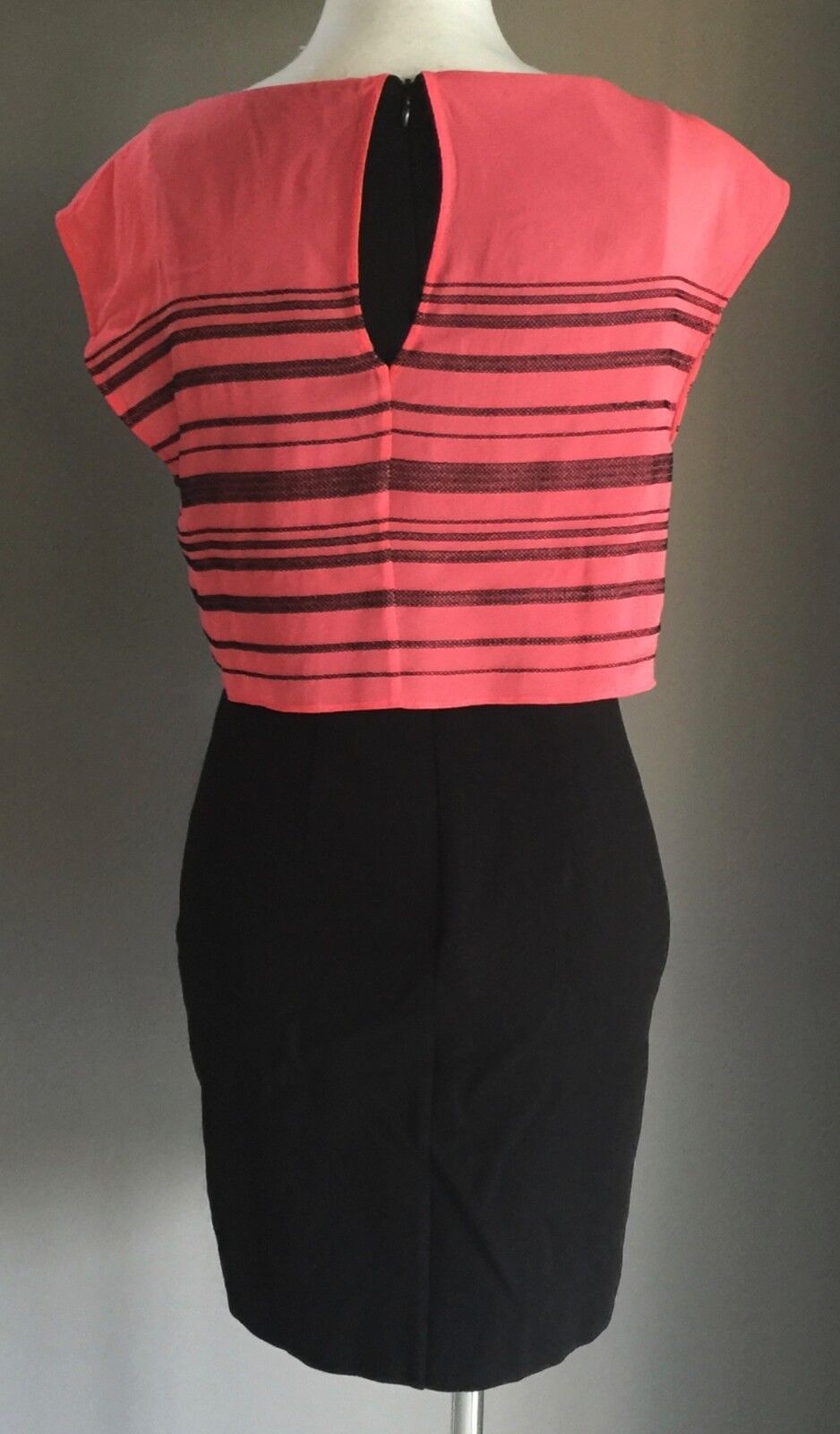 BEBE DESIGN Black & Coral Stripe Overlay Top Pencil Dress Cap Sleeve M 10 Retro