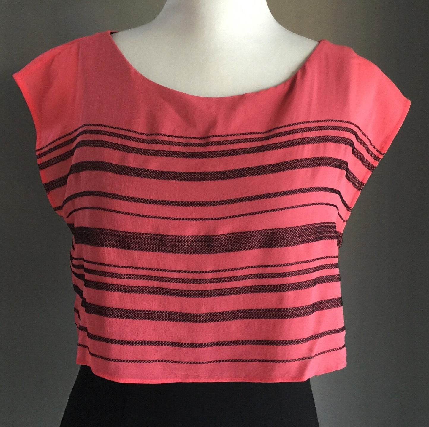 BEBE DESIGN Black & Coral Stripe Overlay Top Pencil Dress Cap Sleeve M 10 Retro