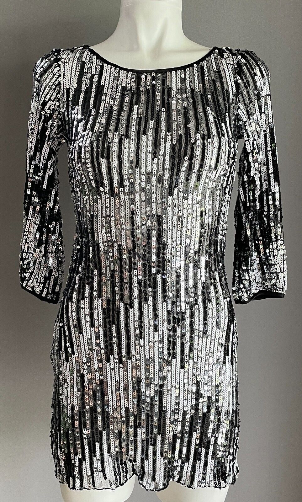 LADAKH Dress Black Silver Sequin 3/4 Sleeve Mini Stretch Sheer Bodycon Size 6 8