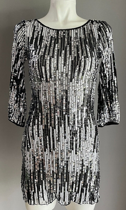 LADAKH Dress Black Silver Sequin 3/4 Sleeve Mini Stretch Sheer Bodycon Size 6 8