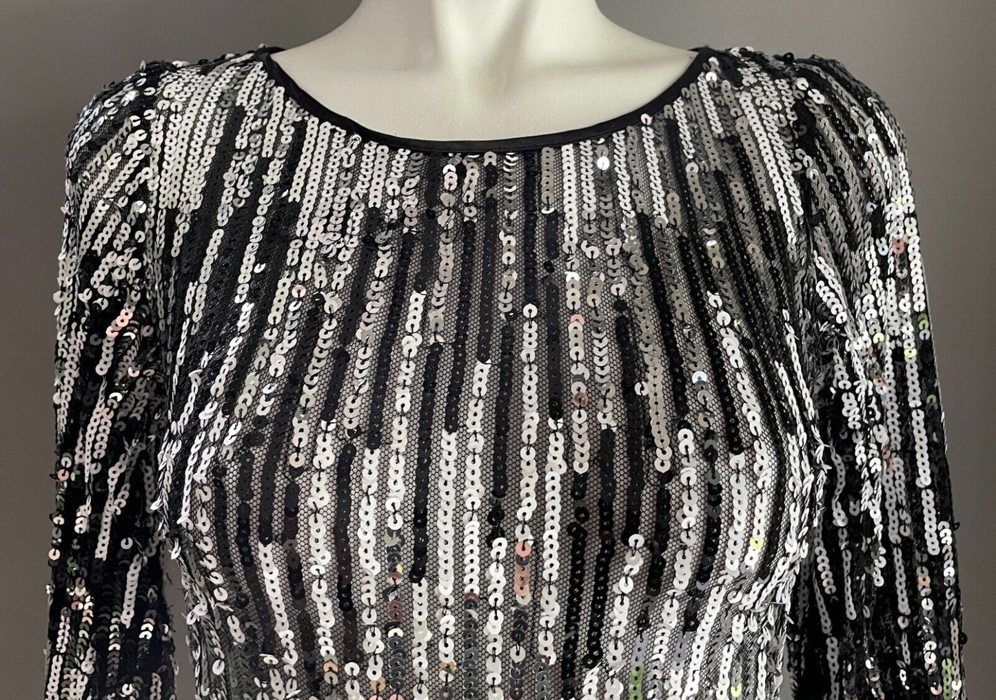 LADAKH Dress Black Silver Sequin 3/4 Sleeve Mini Stretch Sheer Bodycon Size 6 8