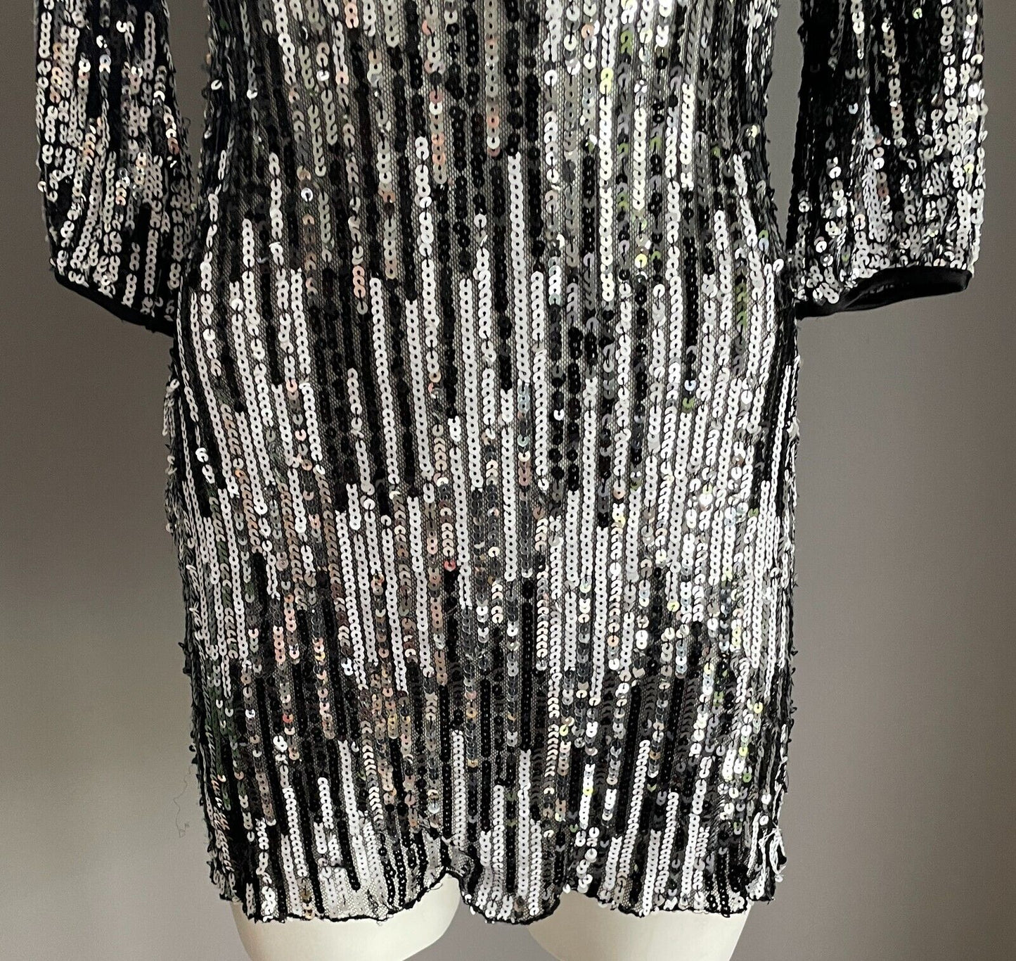 LADAKH Dress Black Silver Sequin 3/4 Sleeve Mini Stretch Sheer Bodycon Size 6 8