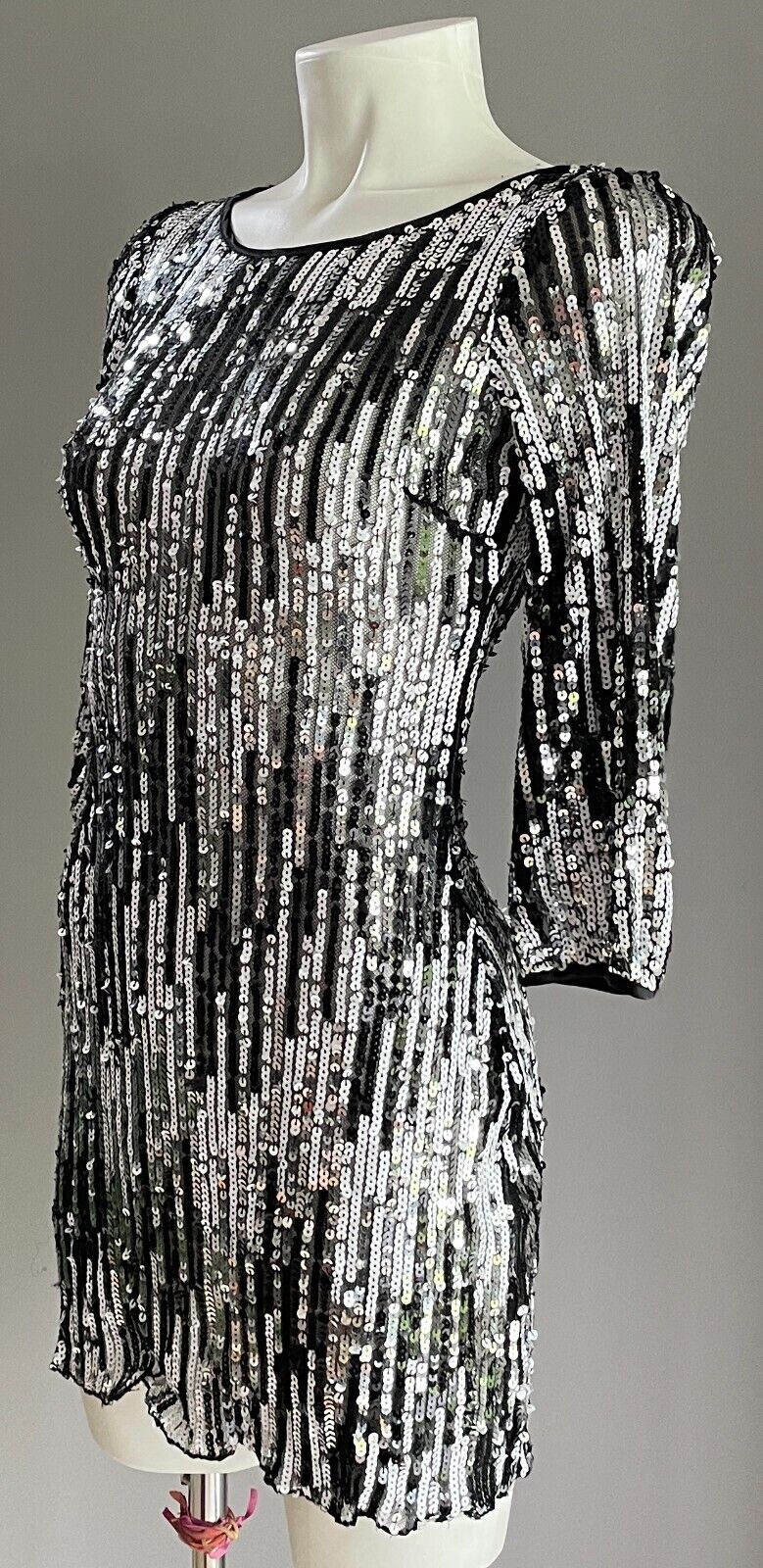 LADAKH Dress Black Silver Sequin 3/4 Sleeve Mini Stretch Sheer Bodycon Size 6 8