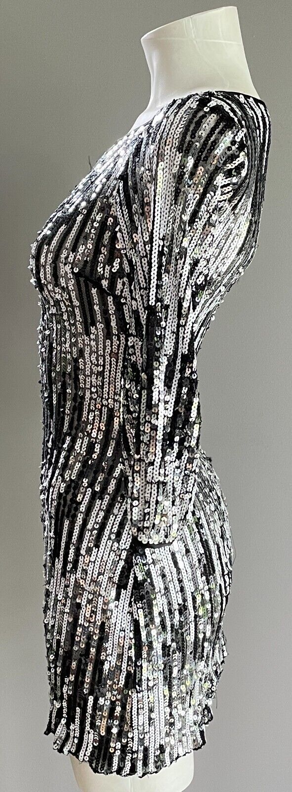 LADAKH Dress Black Silver Sequin 3/4 Sleeve Mini Stretch Sheer Bodycon Size 6 8