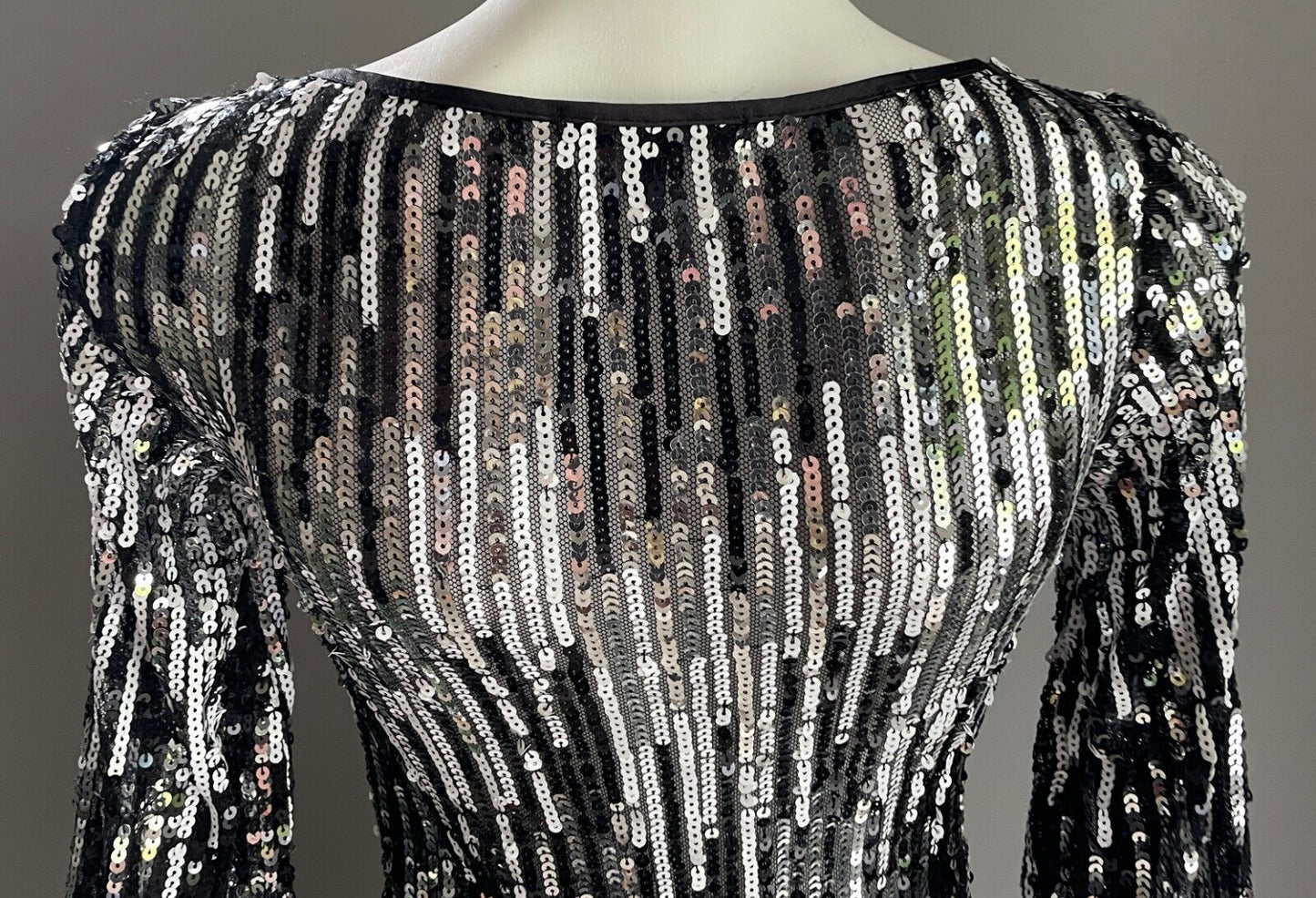LADAKH Dress Black Silver Sequin 3/4 Sleeve Mini Stretch Sheer Bodycon Size 6 8