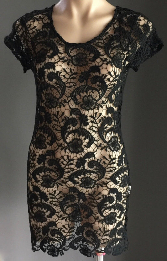 PASSION Retro Chic Fusion Sheer Black Lace Short Sleeve Ladies Size M 10 NEW