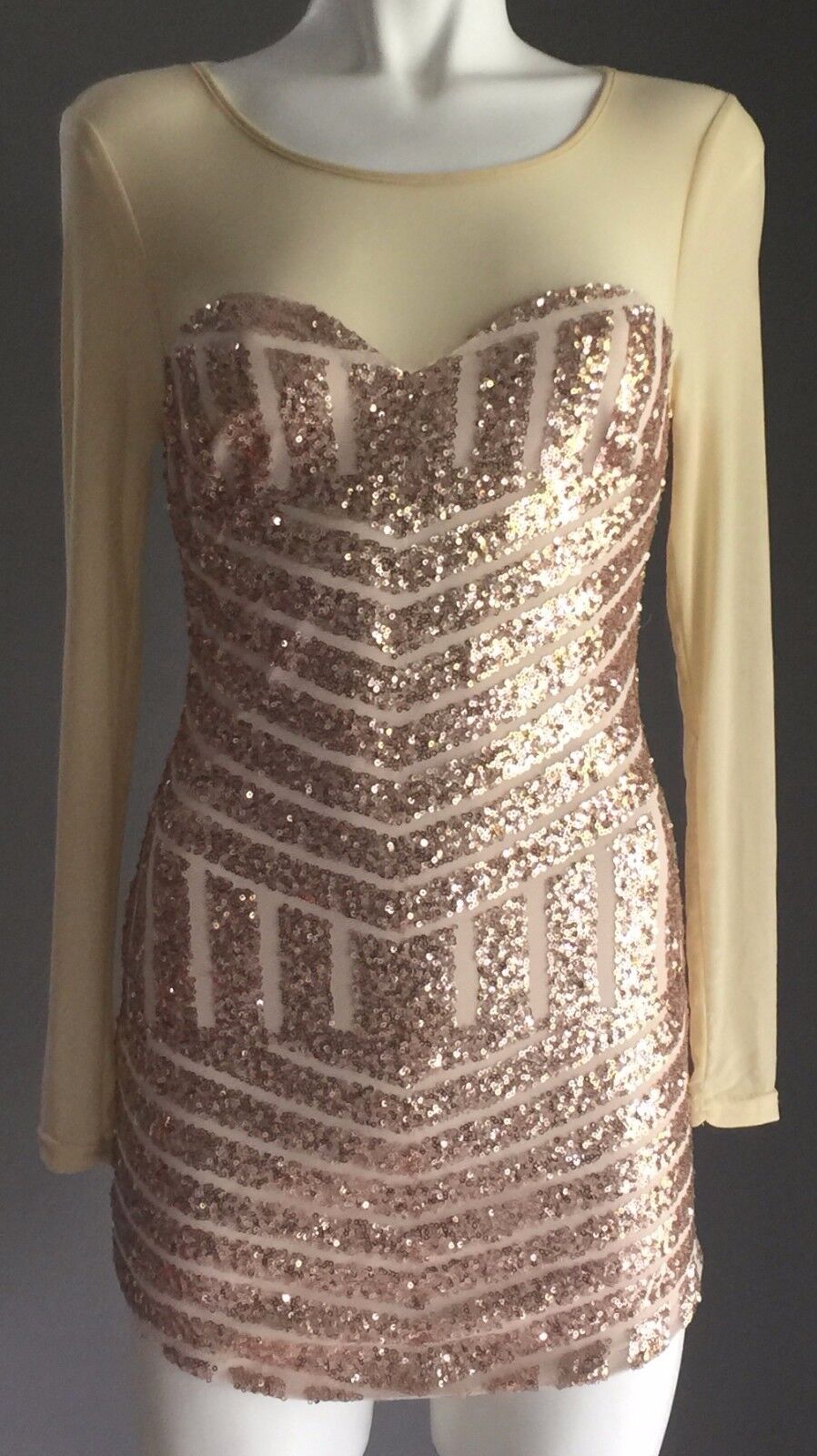 REVERSE Dress Mini Gold Sequin & Mesh Long Sleeve Size S 6 8 Luxe Party Club NEW