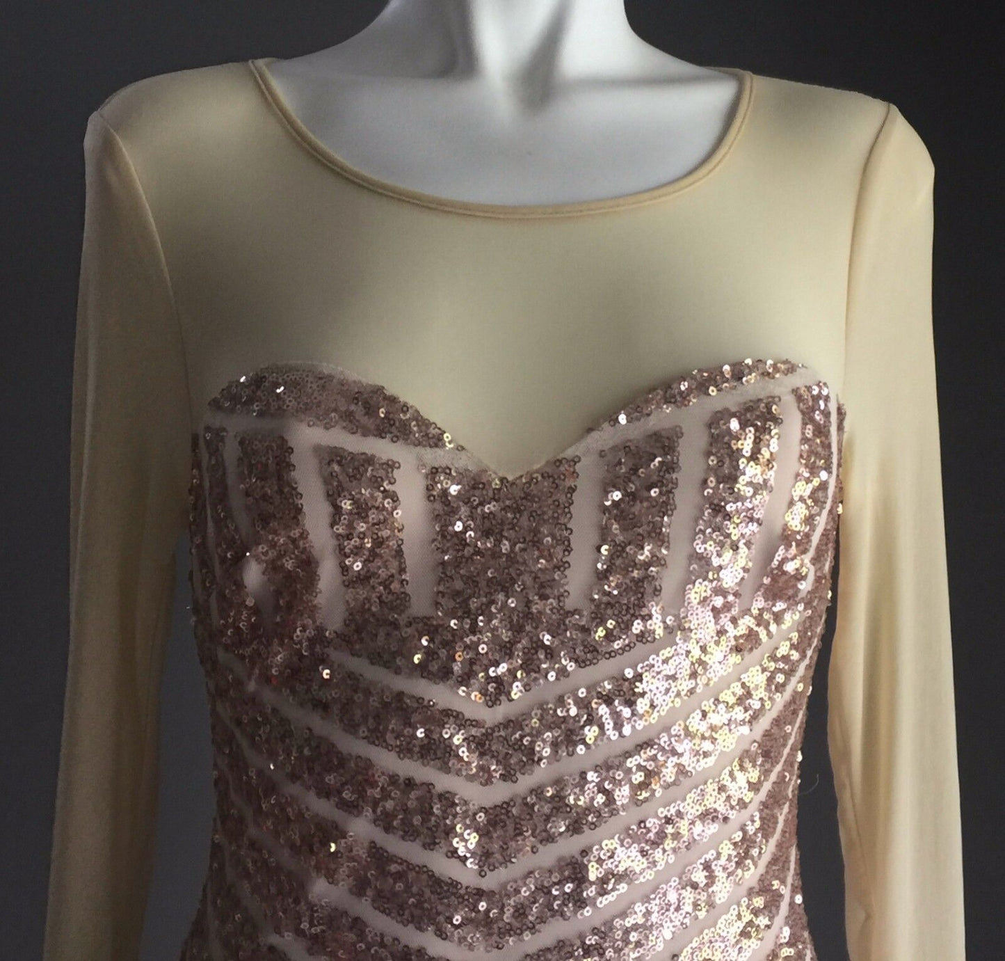 REVERSE Dress Mini Gold Sequin & Mesh Long Sleeve Size S 6 8 Luxe Party Club NEW