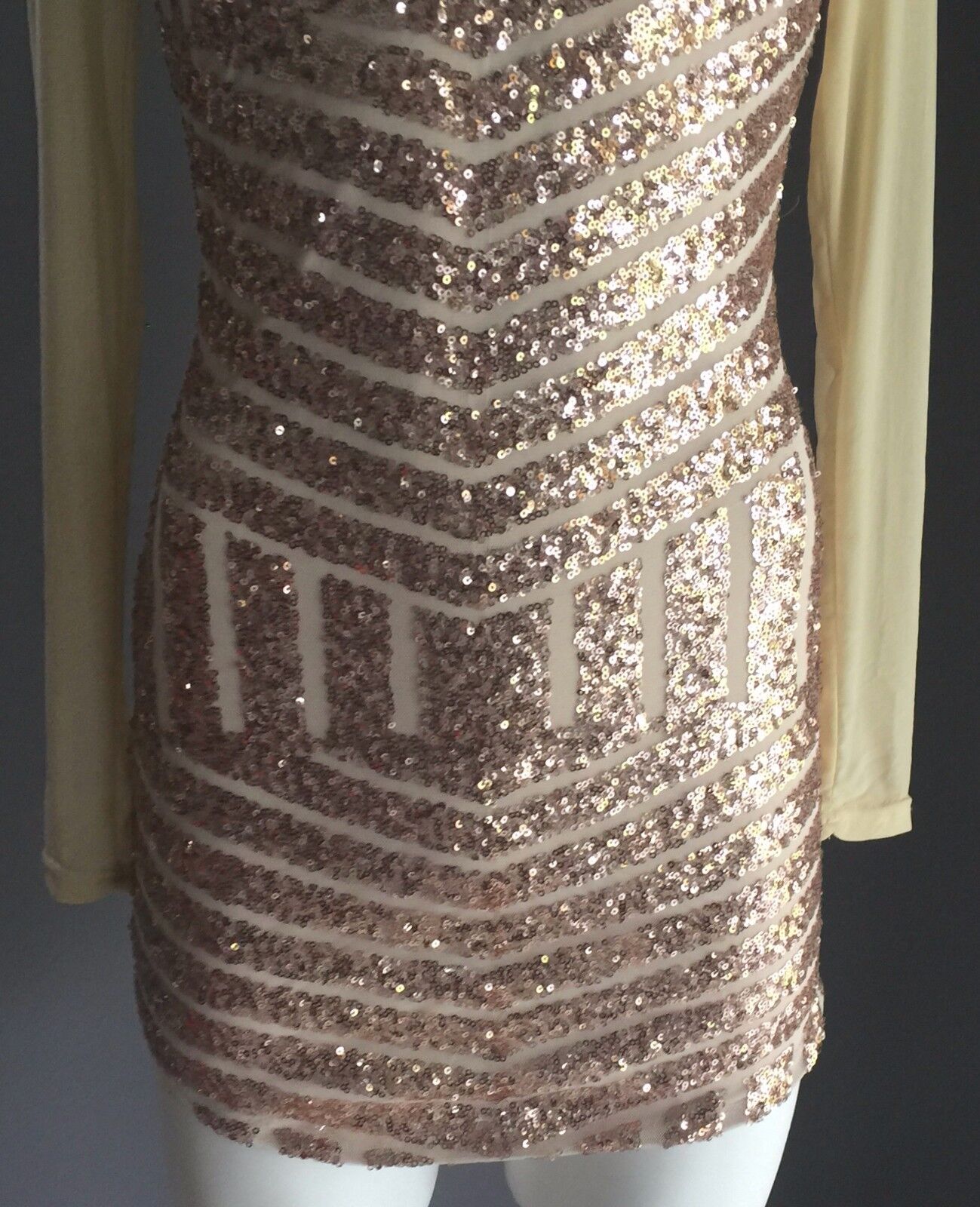 REVERSE Dress Mini Gold Sequin & Mesh Long Sleeve Size S 6 8 Luxe Party Club NEW