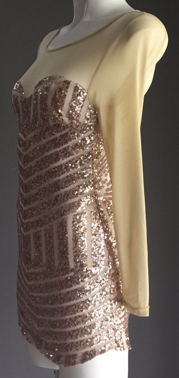 REVERSE Dress Mini Gold Sequin & Mesh Long Sleeve Size S 6 8 Luxe Party Club NEW