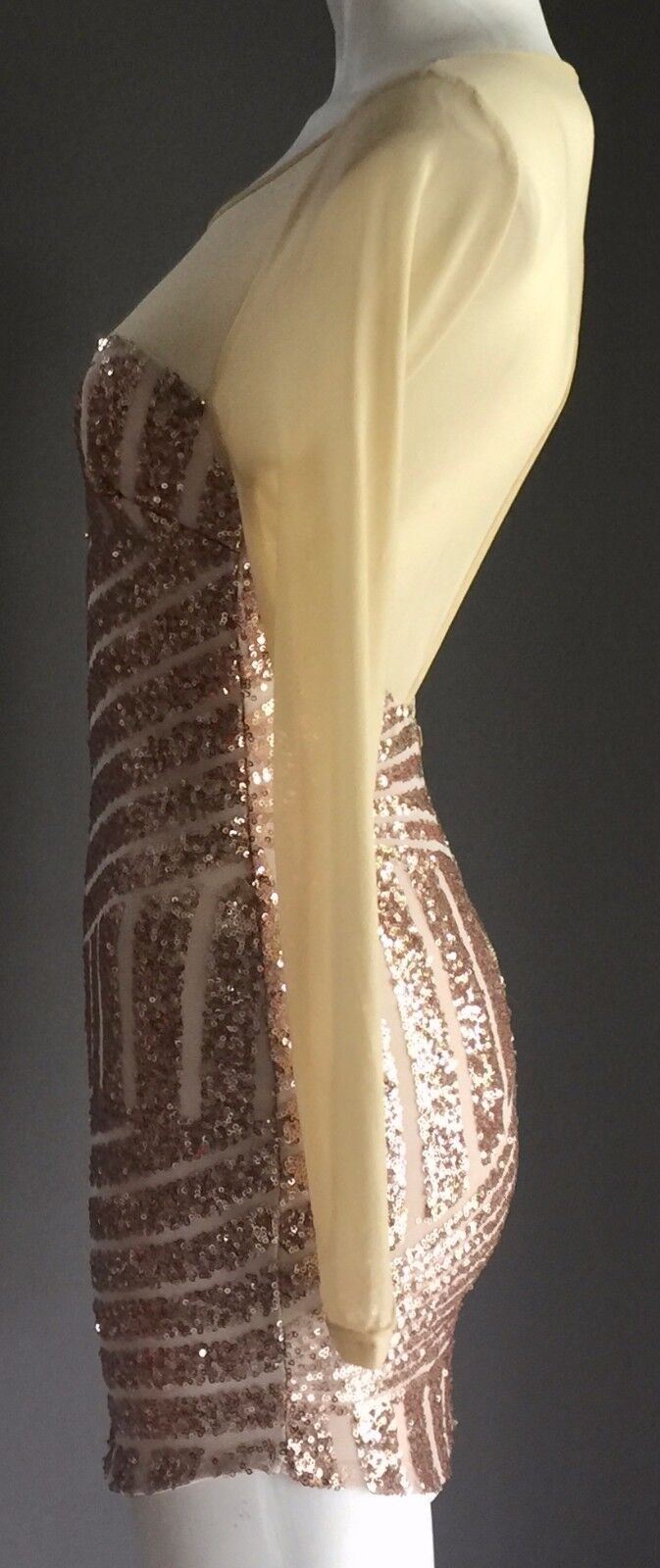 REVERSE Dress Mini Gold Sequin & Mesh Long Sleeve Size S 6 8 Luxe Party Club NEW
