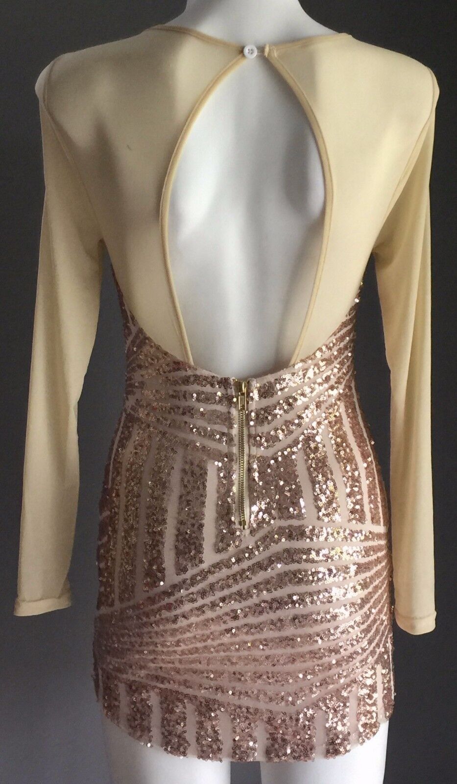 REVERSE Dress Mini Gold Sequin & Mesh Long Sleeve Size S 6 8 Luxe Party Club NEW