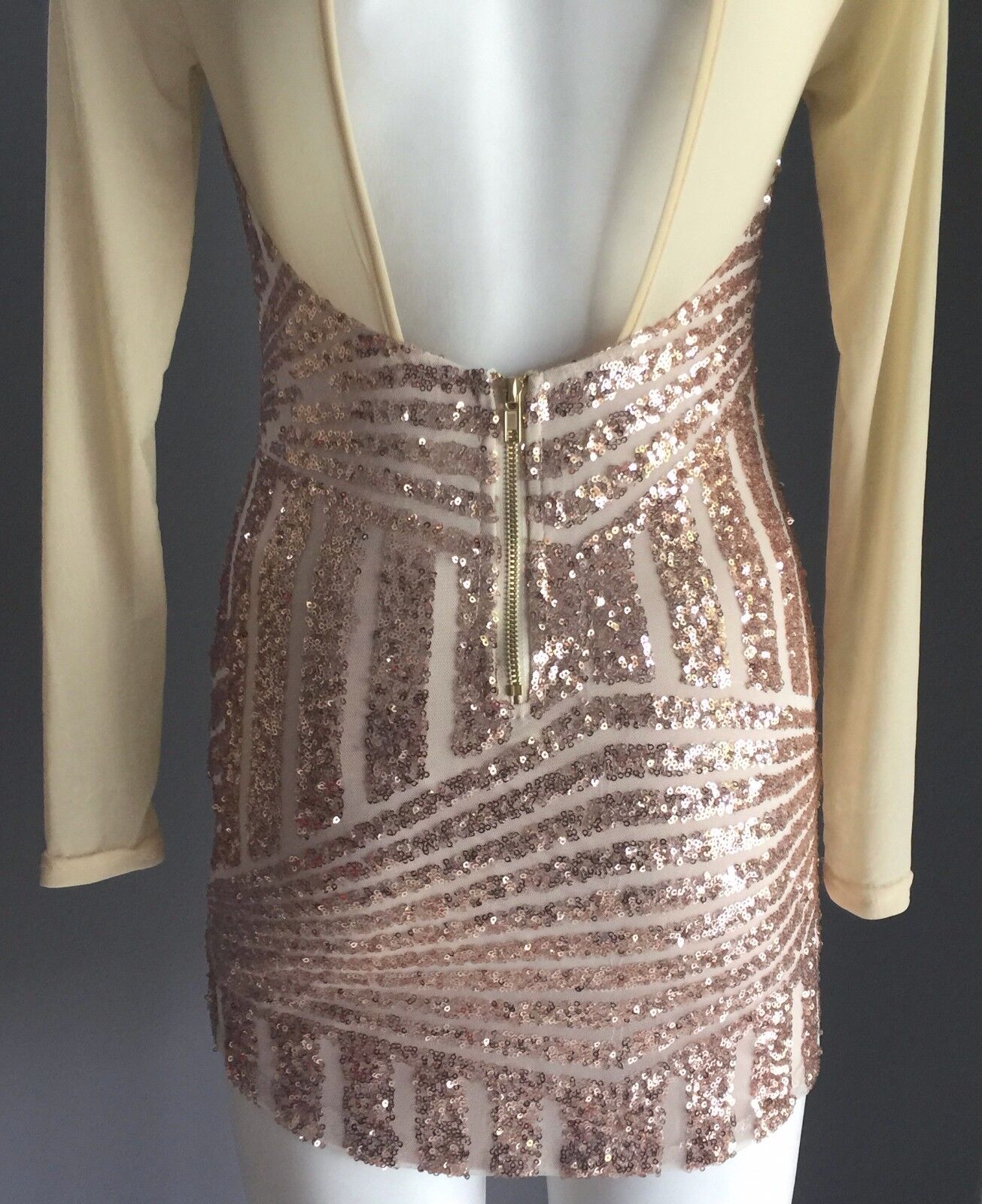 REVERSE Dress Mini Gold Sequin & Mesh Long Sleeve Size S 6 8 Luxe Party Club NEW