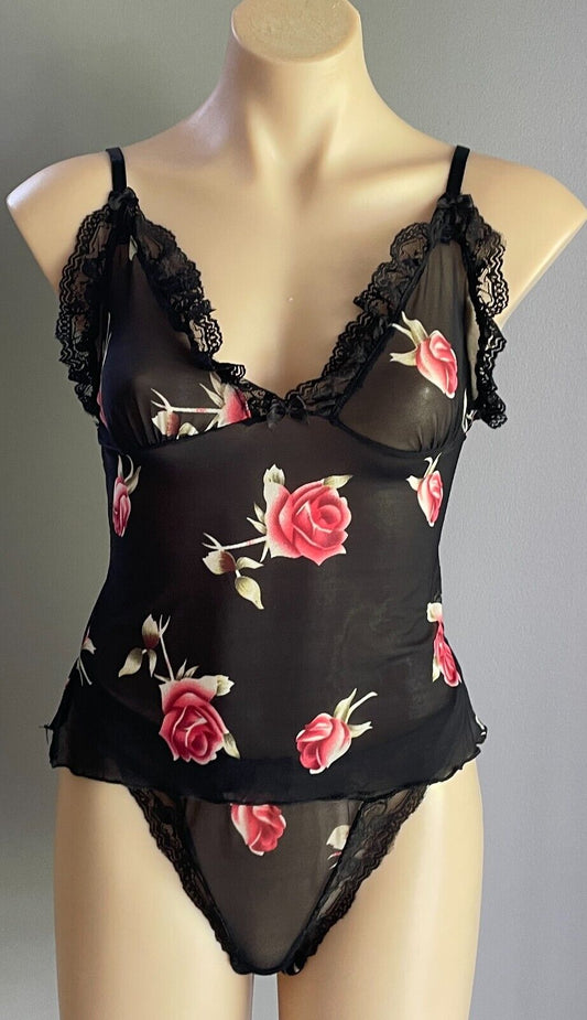 BLACK LABEL LINGERIE Camisole & G-String Set Roses Lace Trim Size M 10 Sexy NEW