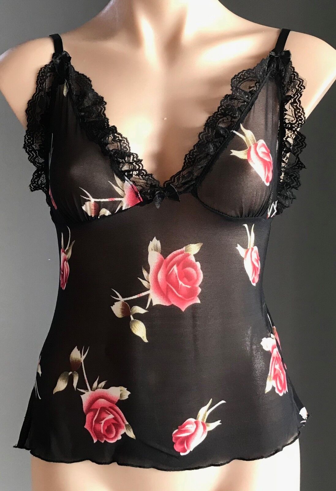BLACK LABEL LINGERIE Camisole & G-String Set Roses Lace Trim Size M 10 Sexy NEW