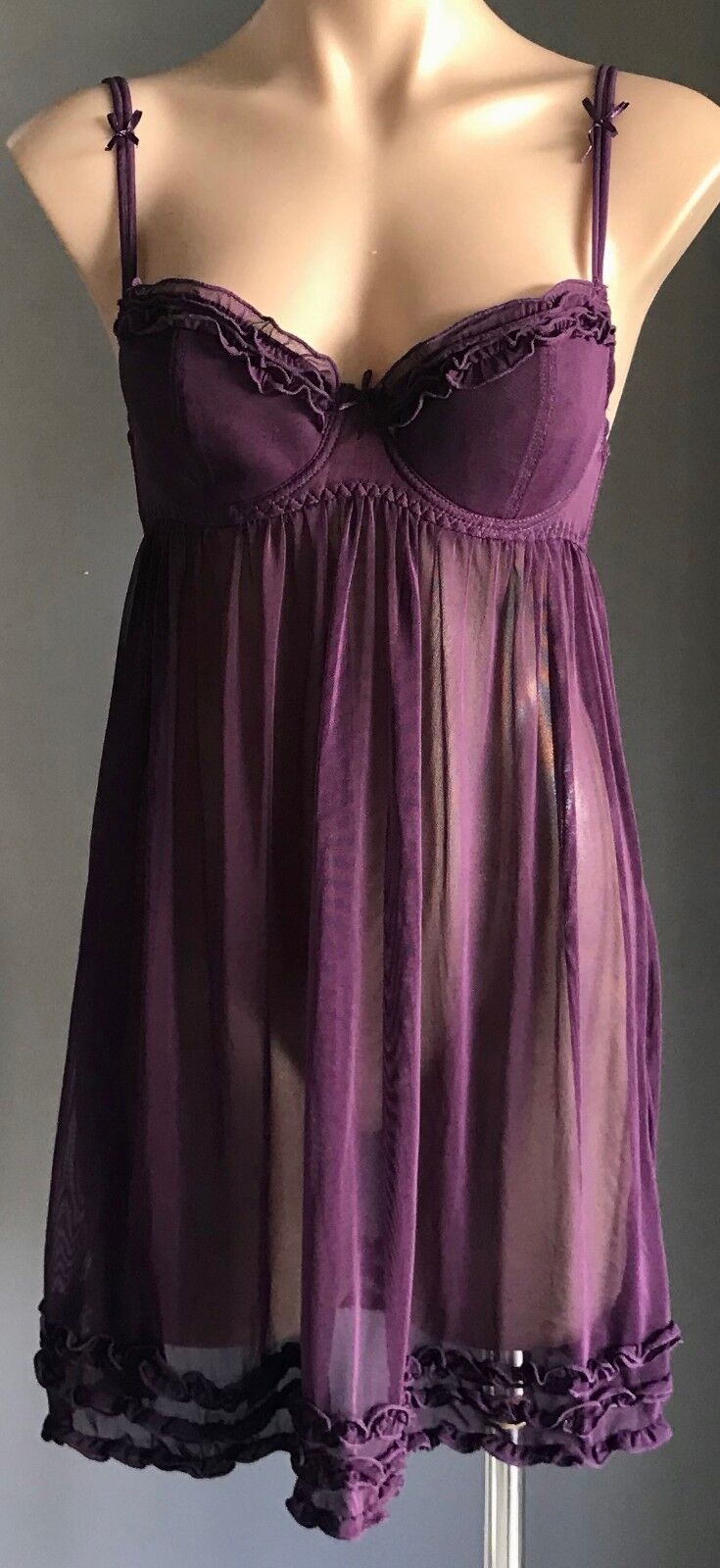 BEAUTY SECRET Babydoll Chemise Aubergine Purple Sheer Mesh Net Sz M 10 Sexy NEW