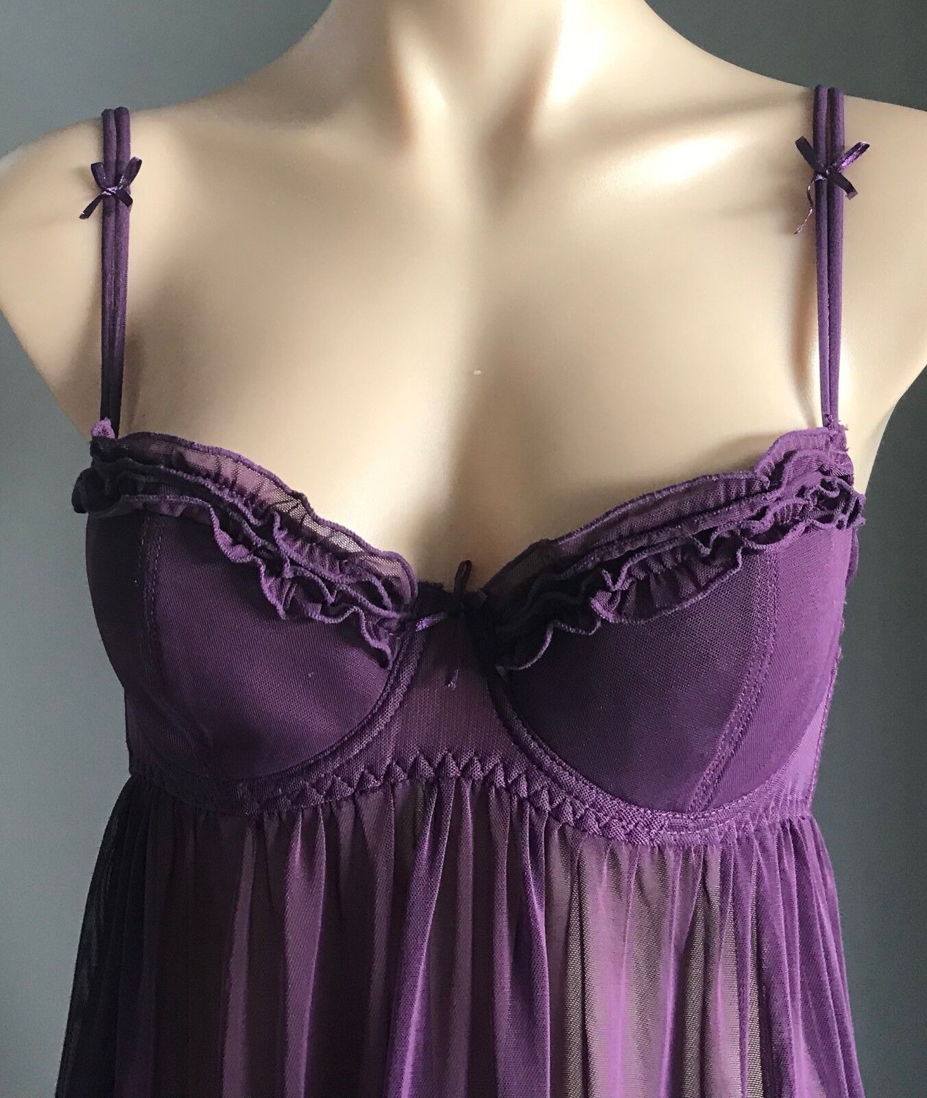 BEAUTY SECRET Babydoll Chemise Aubergine Purple Sheer Mesh Net Sz M 10 Sexy NEW