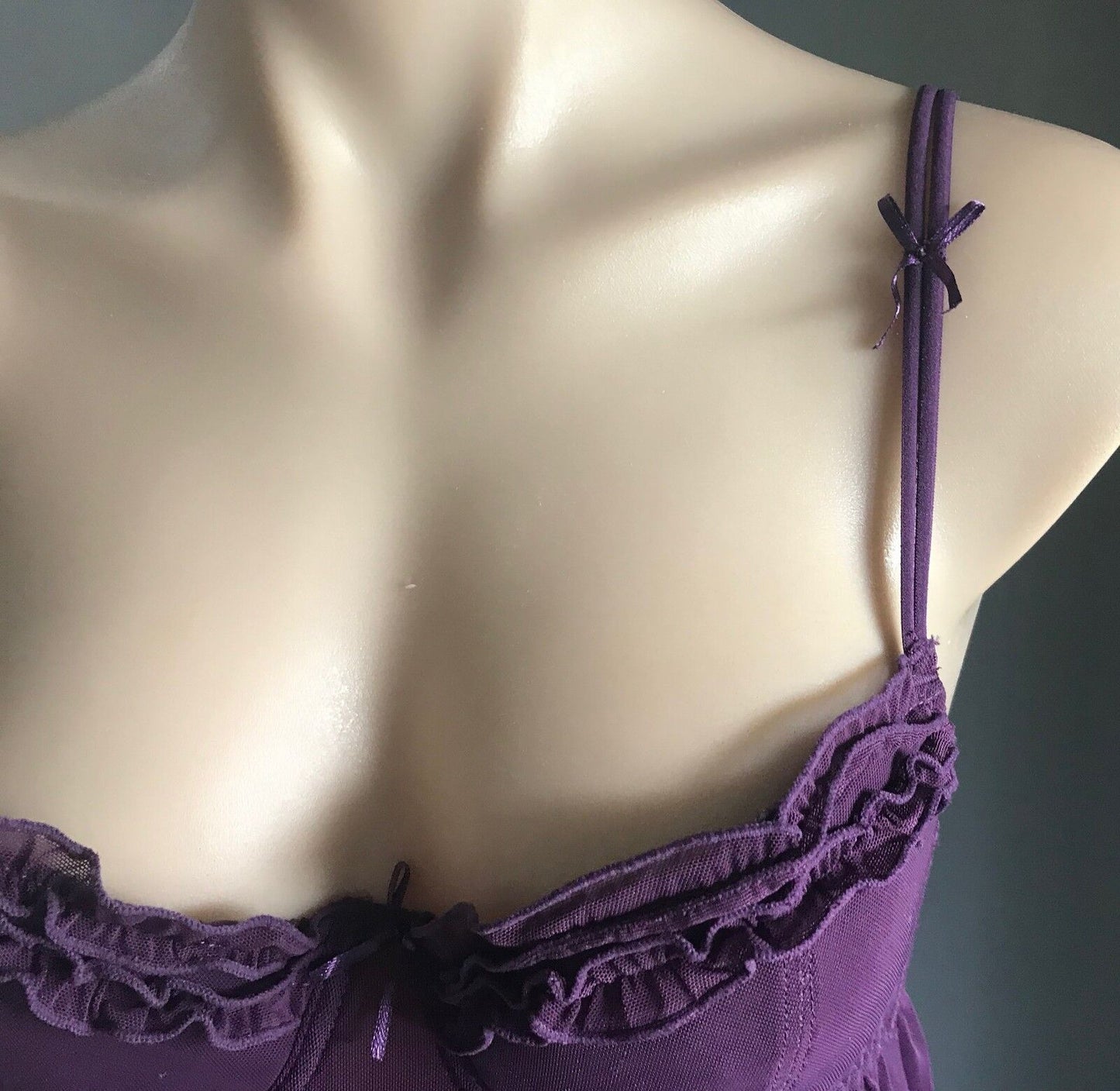 BEAUTY SECRET Babydoll Chemise Aubergine Purple Sheer Mesh Net Sz M 10 Sexy NEW