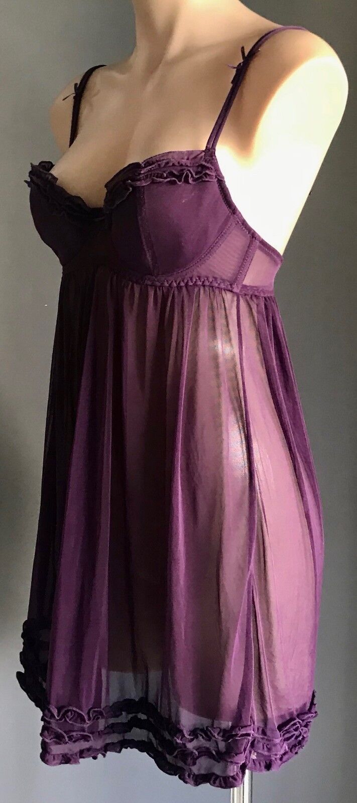 BEAUTY SECRET Babydoll Chemise Aubergine Purple Sheer Mesh Net Sz M 10 Sexy NEW