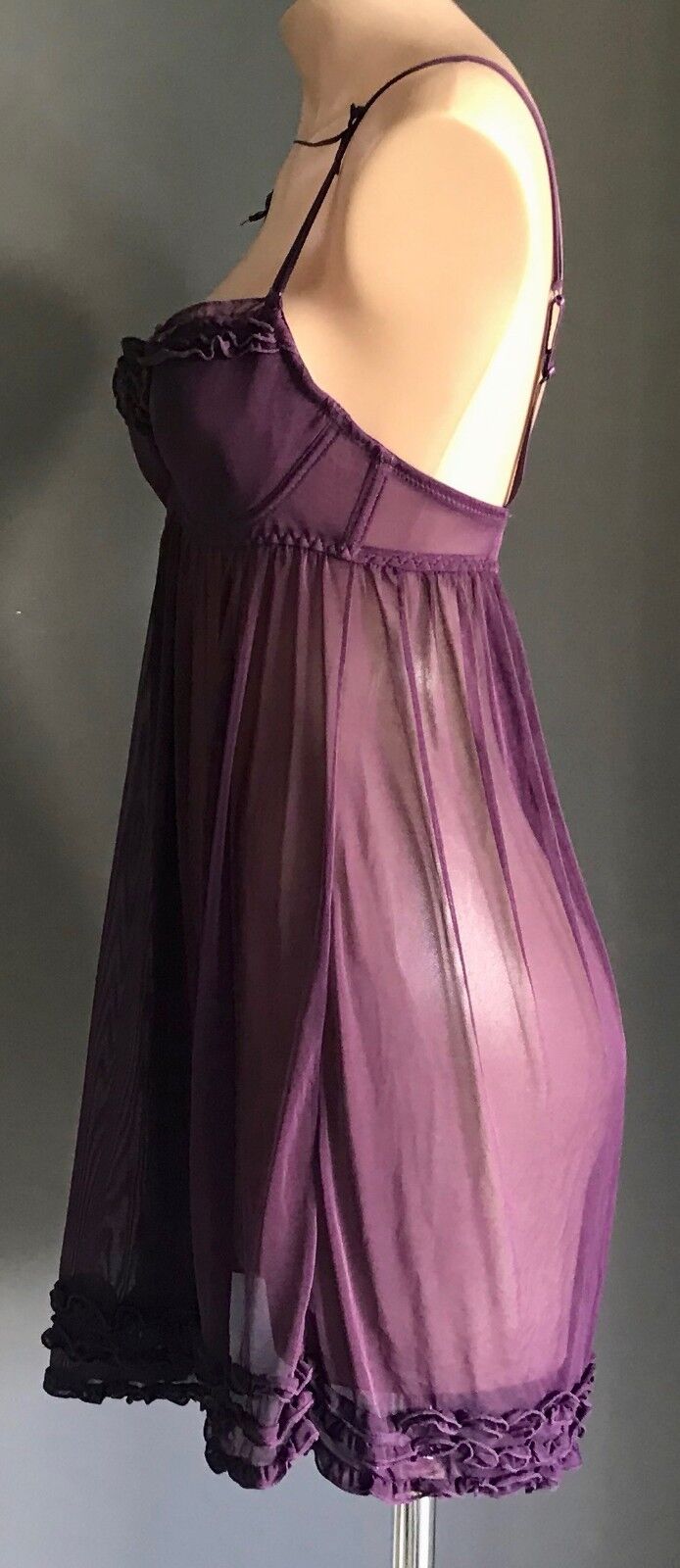 BEAUTY SECRET Babydoll Chemise Aubergine Purple Sheer Mesh Net Sz M 10 Sexy NEW