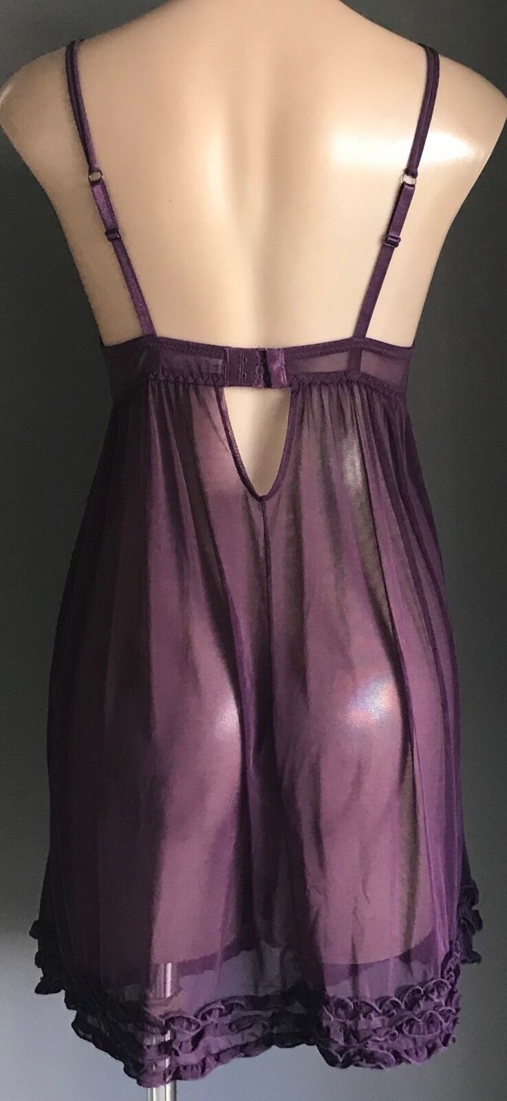 BEAUTY SECRET Babydoll Chemise Aubergine Purple Sheer Mesh Net Sz M 10 Sexy NEW