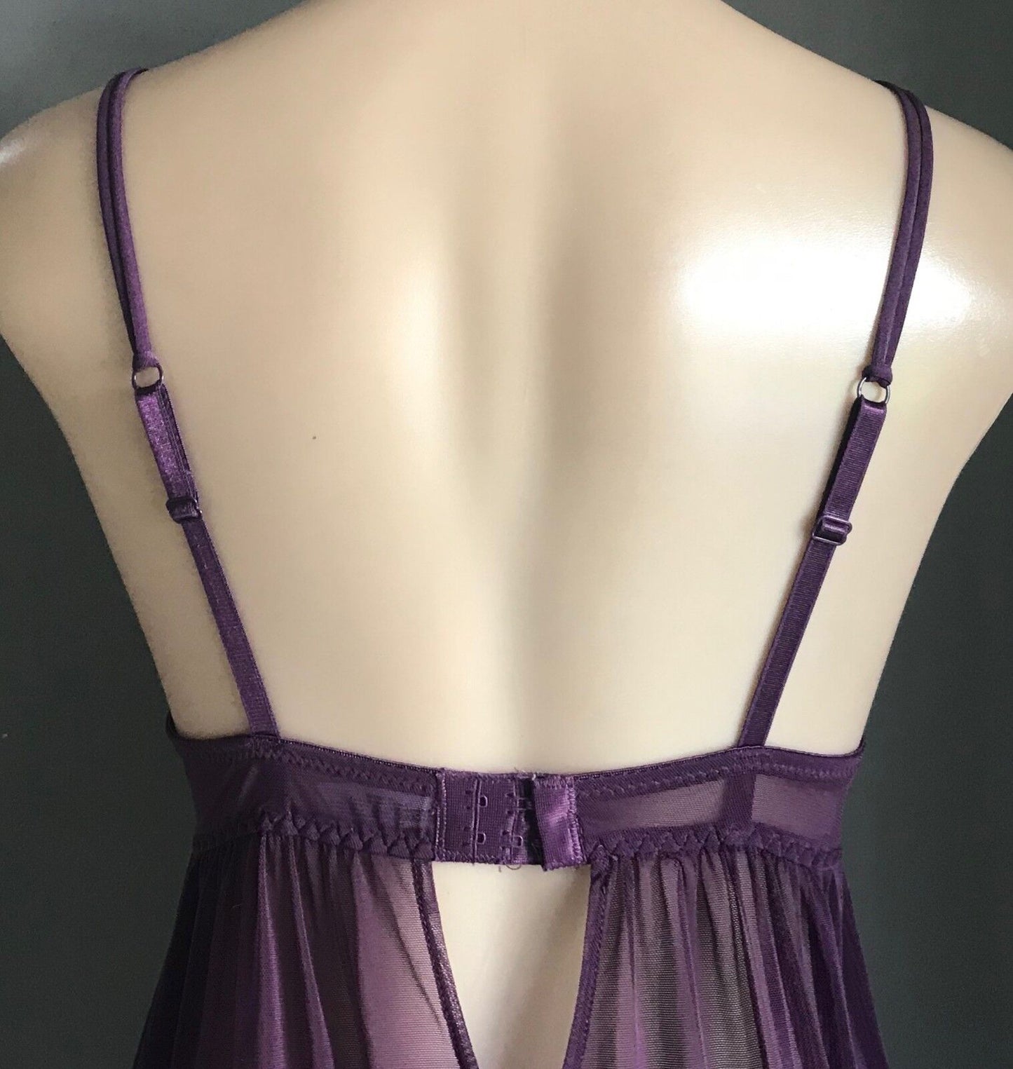 BEAUTY SECRET Babydoll Chemise Aubergine Purple Sheer Mesh Net Sz M 10 Sexy NEW