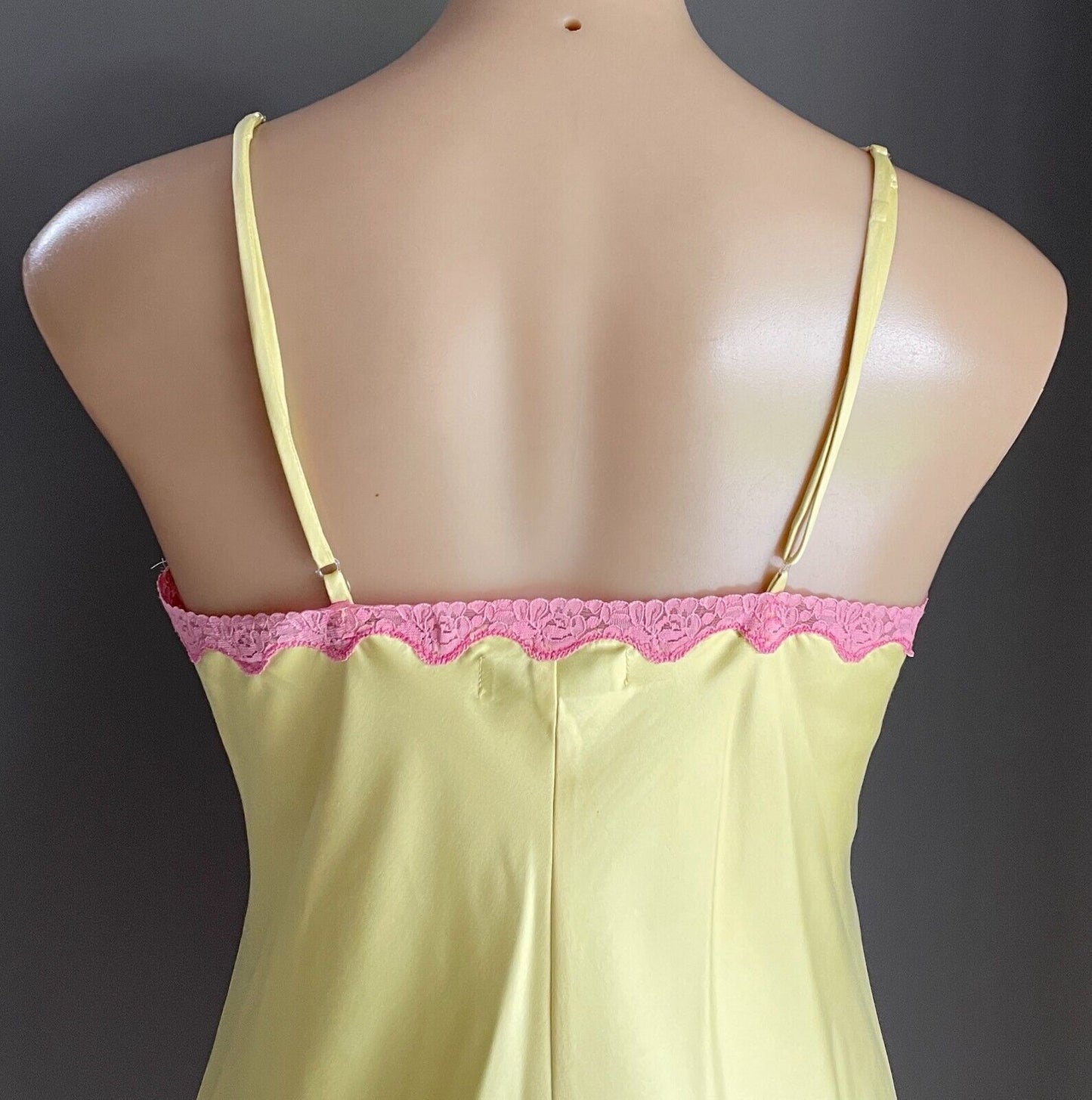 SOHO Sexy Chemise Yellow & Pink Lace Trim Thin Strap Satin Feel Nightie Sz S 10