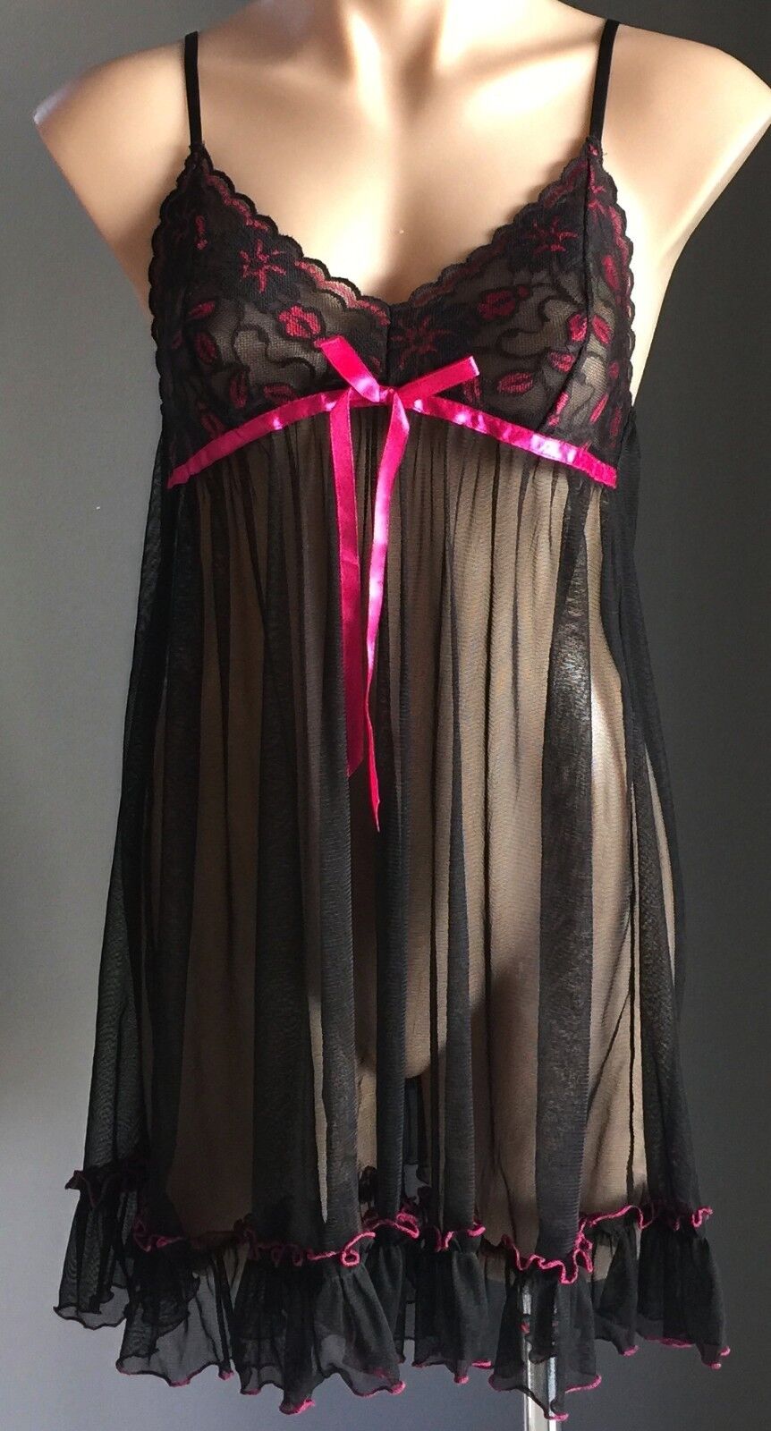 Babydoll Chemise Lace Net  Pink & Black Sexy Lingerie Nightie Sheer Size 10  NEW